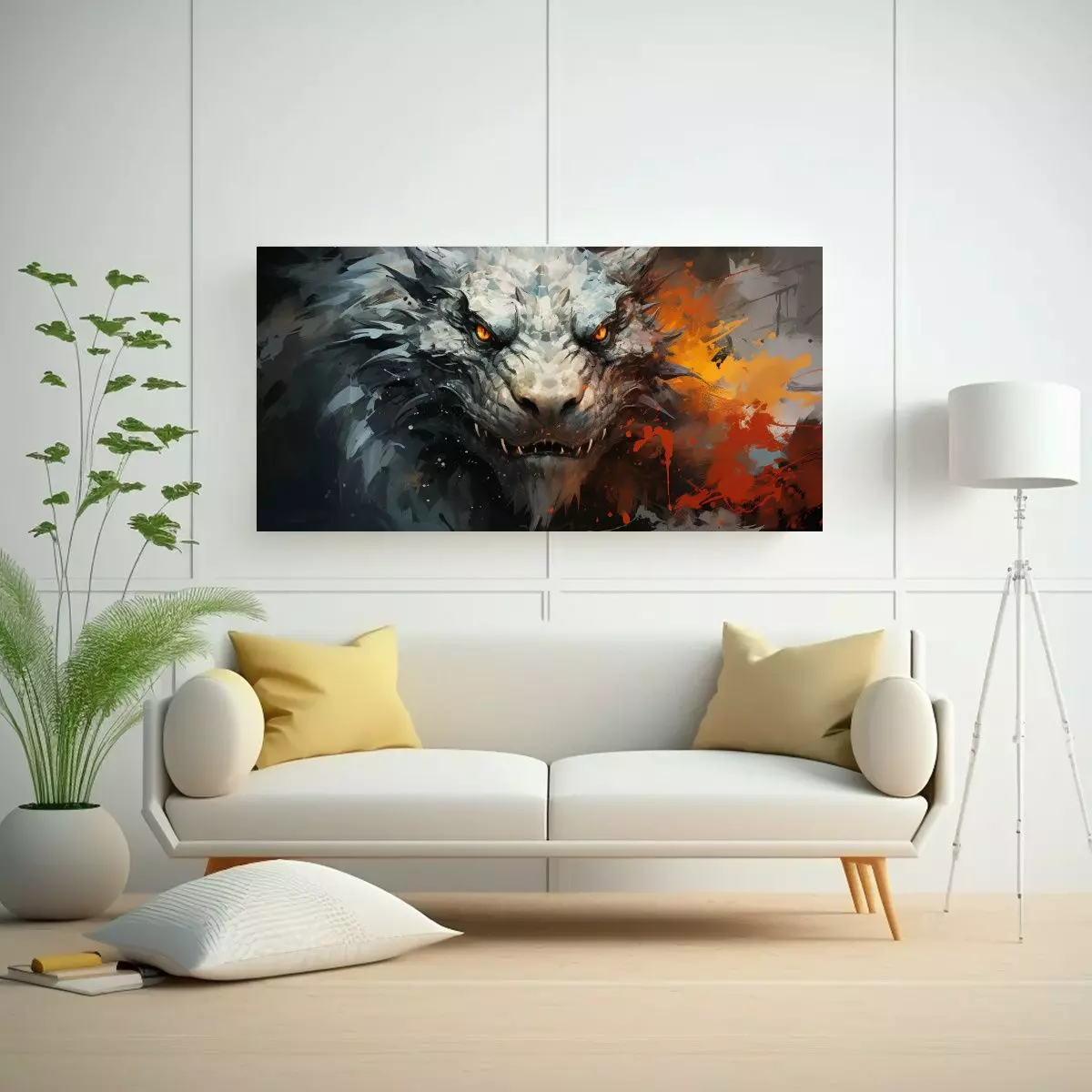 Pintura Decorativa Con Dragón En Blanco Y Negro, 80x40cm-2