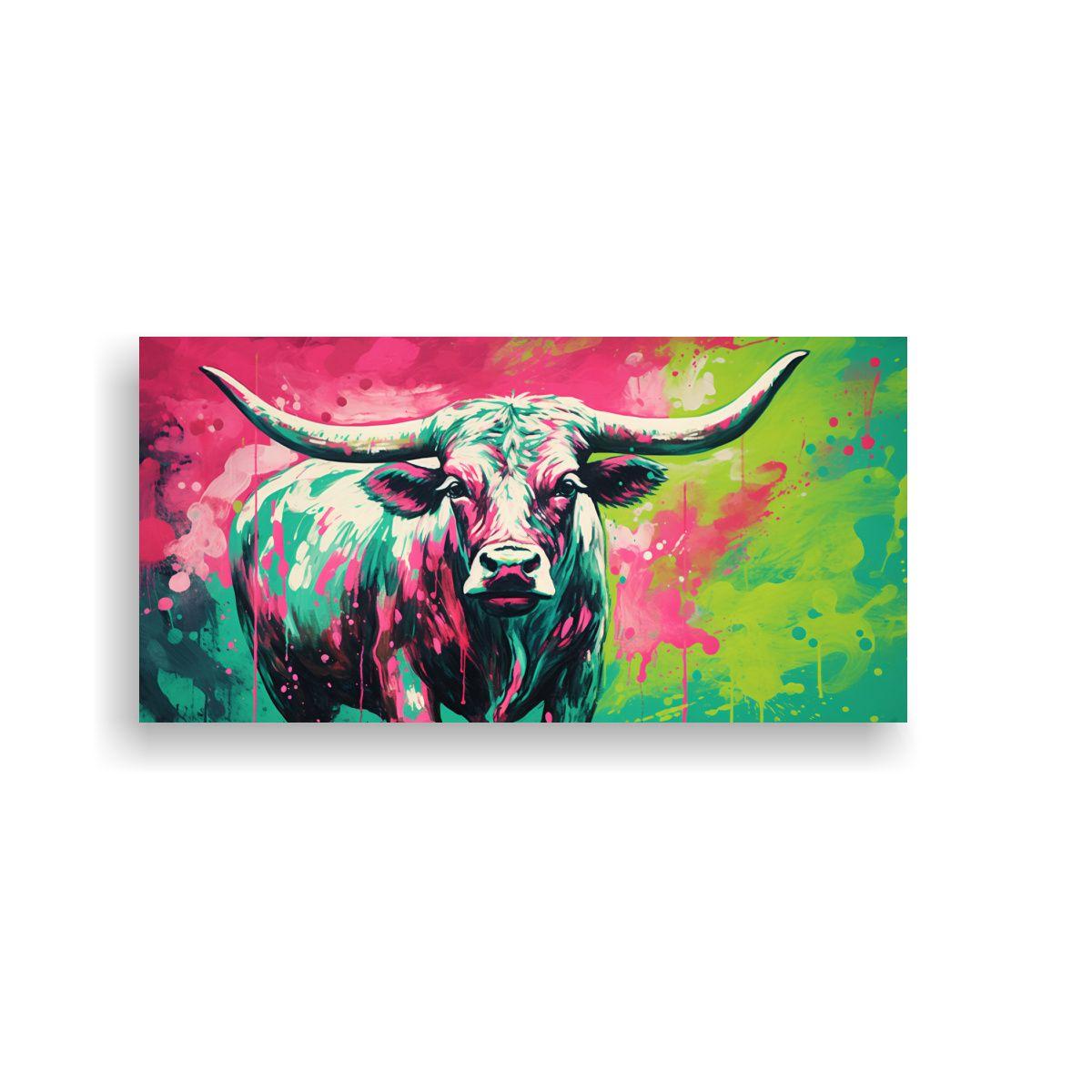 Cuadro Dibujo Vaca Longhorn En Colores Verde Y Ros 80x40cm-0