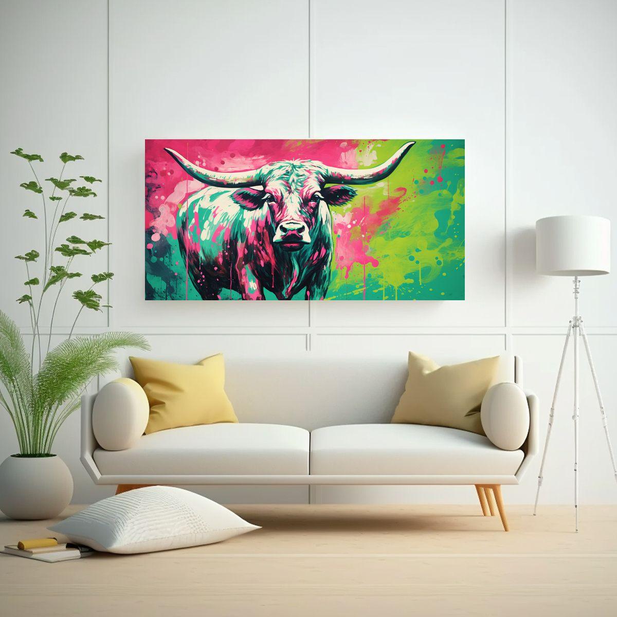 Cuadro Dibujo Vaca Longhorn En Colores Verde Y Ros 80x40cm-2