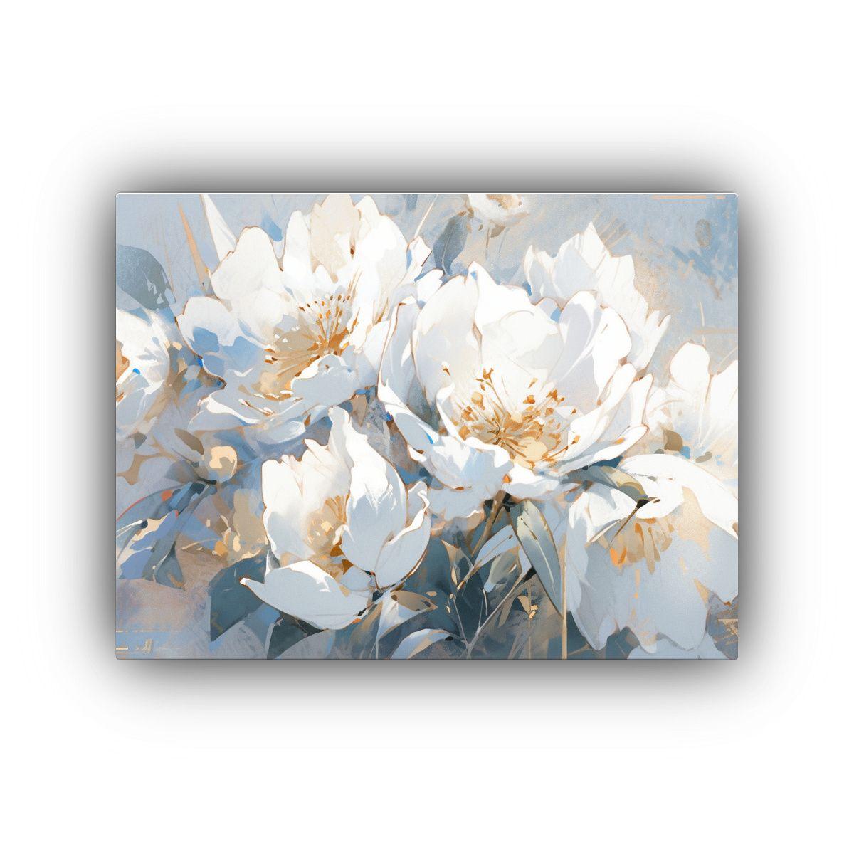 Cuadro En Lienzo Floral Abstracto En Blanco Y Dorado. 60x40cm-0