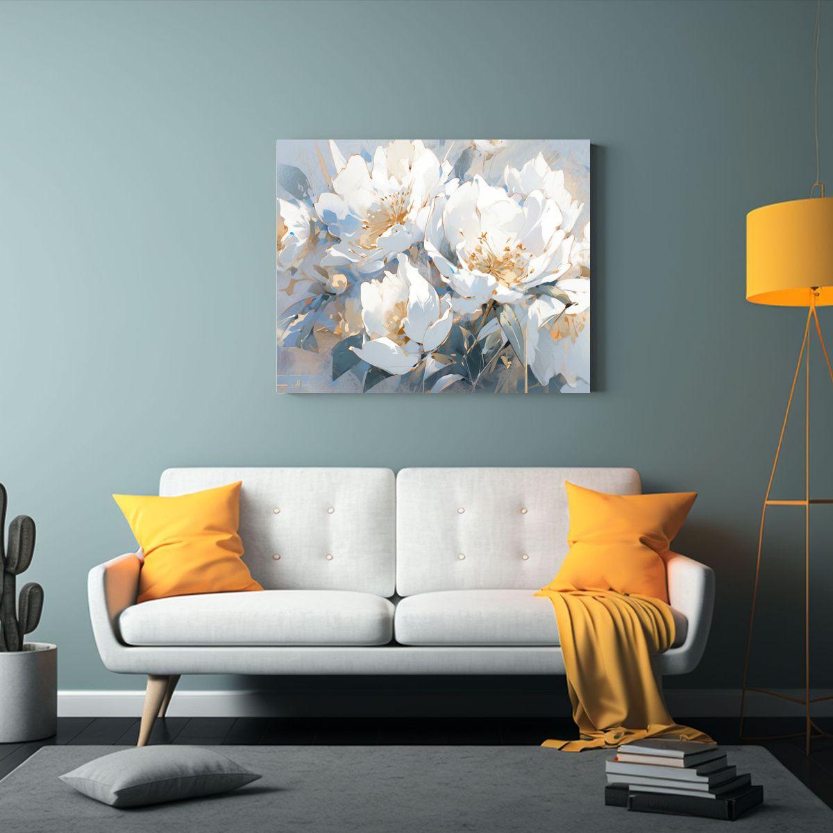 Cuadro En Lienzo Floral Abstracto En Blanco Y Dorado. 60x40cm-2