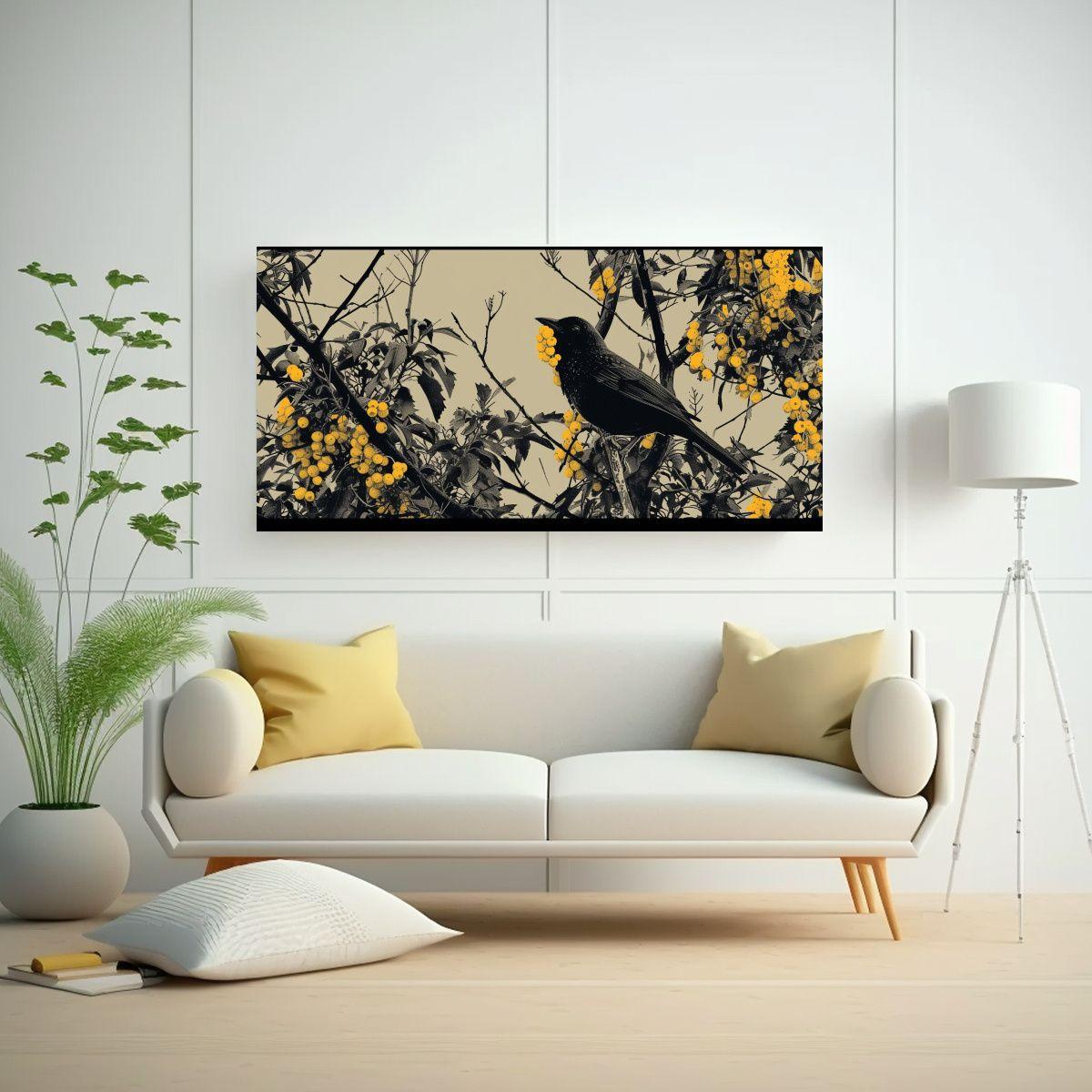 Pintura Decorativa De Ave Comiendo Bayas 60x30cm-2