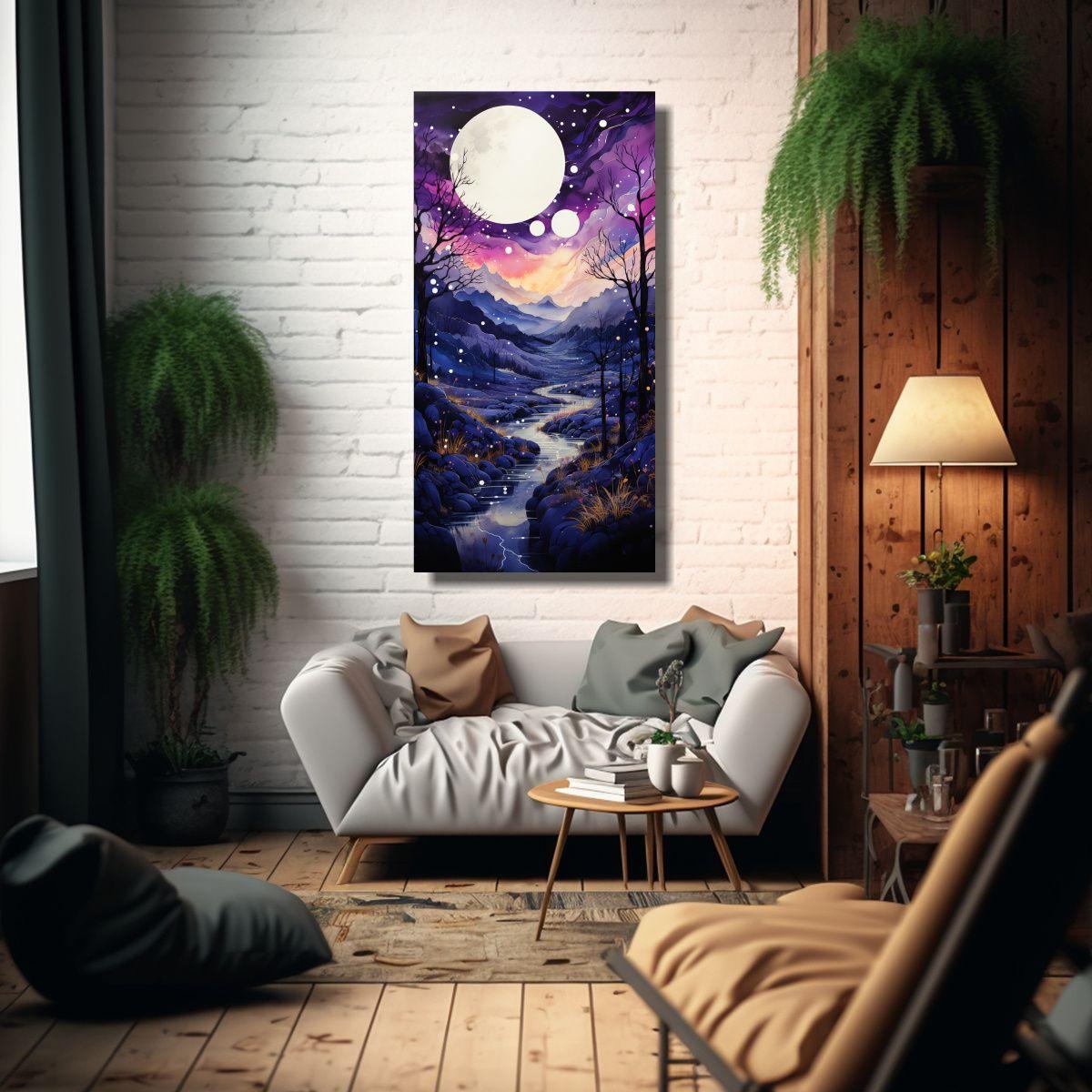 Luna Montaña Pintura Decorativa Arte Cuadro 80x160cm-2