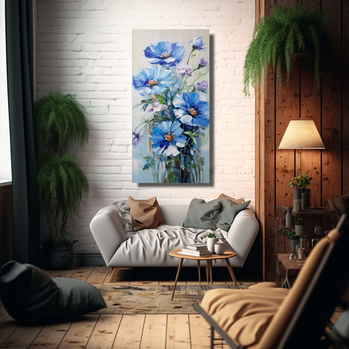Cuadro Impreso Flores Azules En Lienzo Al Estilo 60x120cm-2