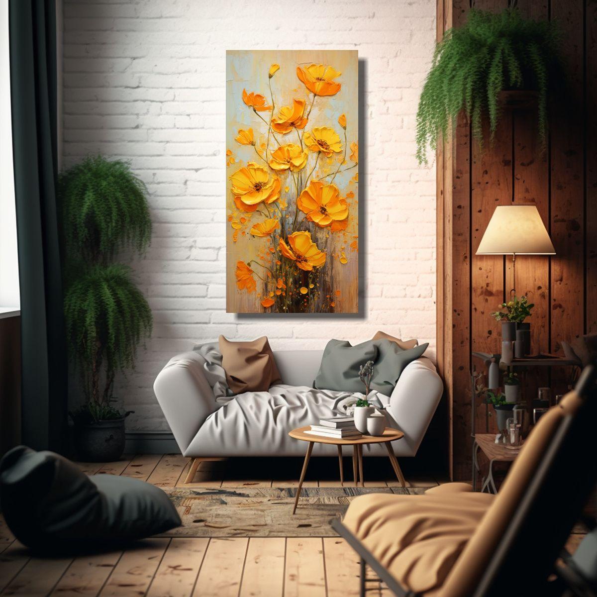 Pintura En Lienzo De Flores Amarillas Y Naranjas 70x140cm-2