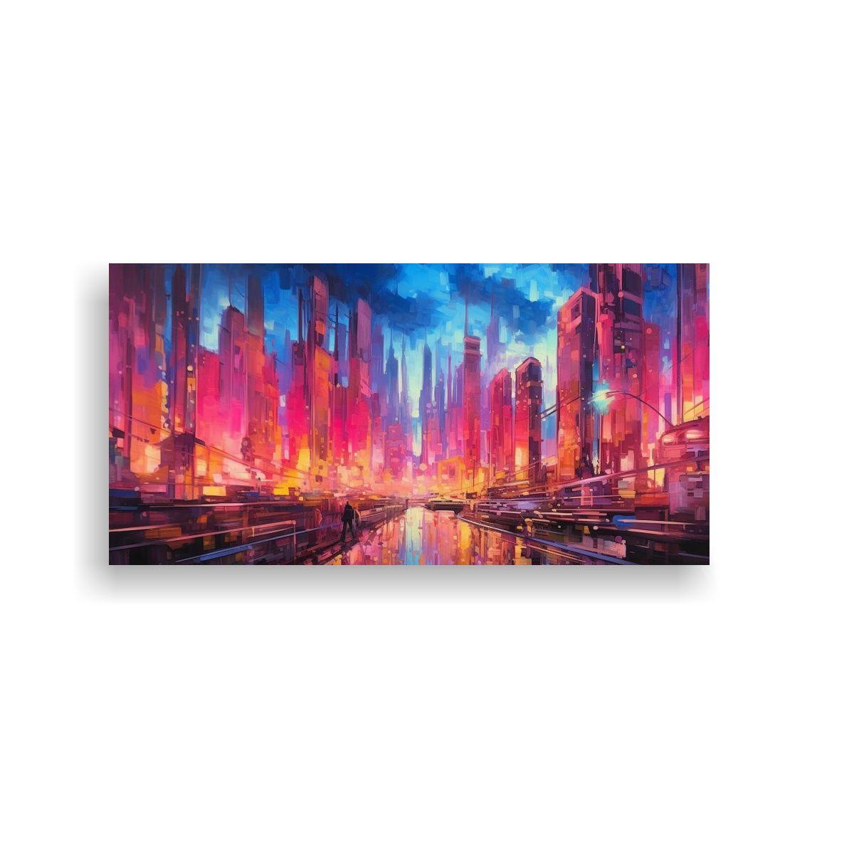 Pintura Abstracta De Ciudad Cyberpunk Con Muchas 140x70cm-0