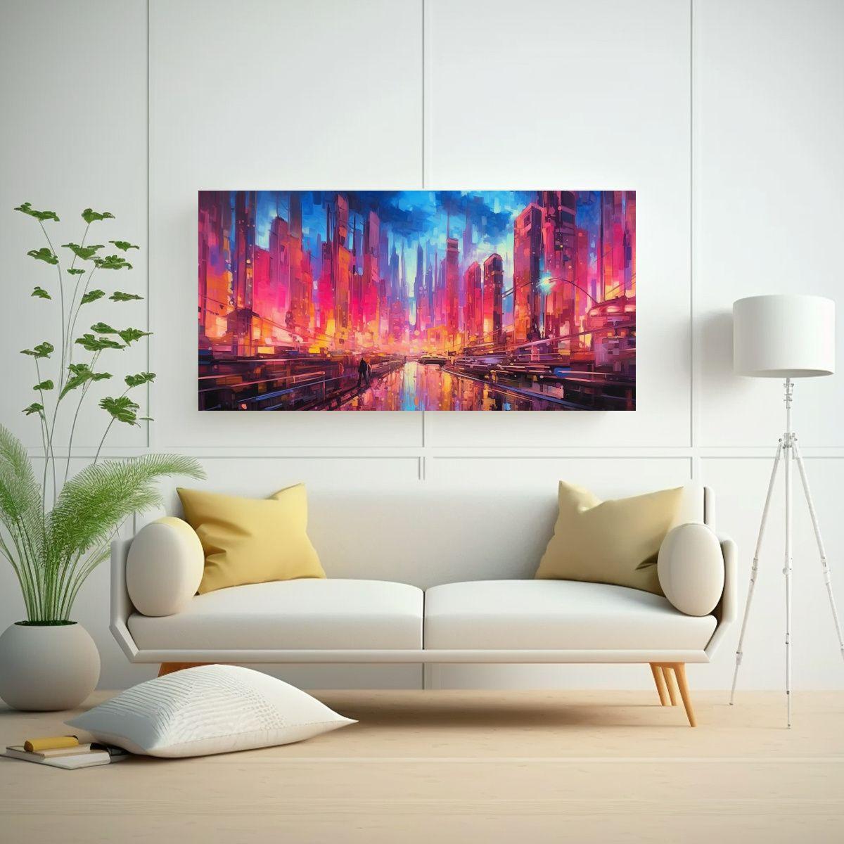 Pintura Abstracta De Ciudad Cyberpunk Con Muchas 140x70cm-2