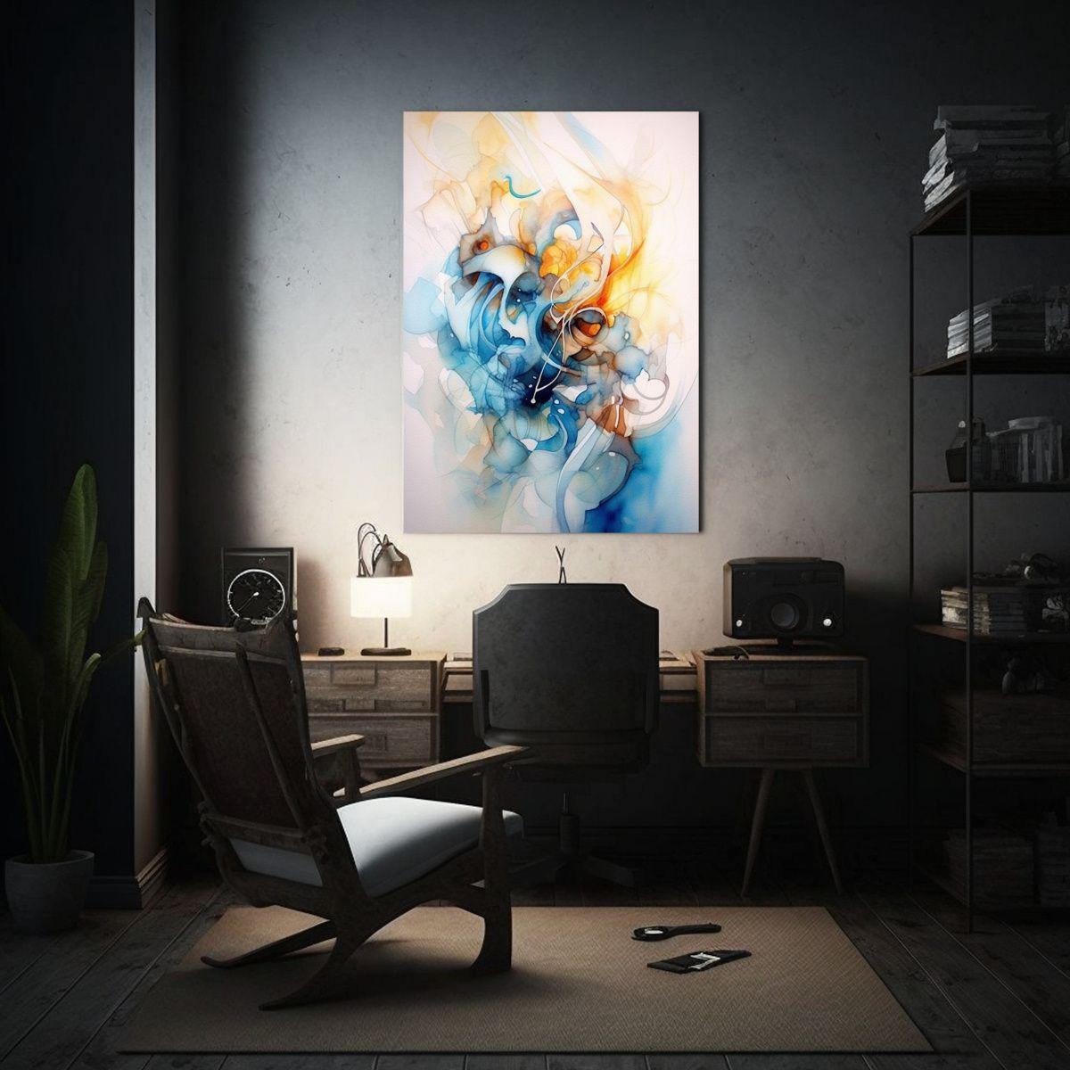 Pintura Acuarela Abstracta De Línea Azul Sobre Fondo Blanco 40x50cm-2