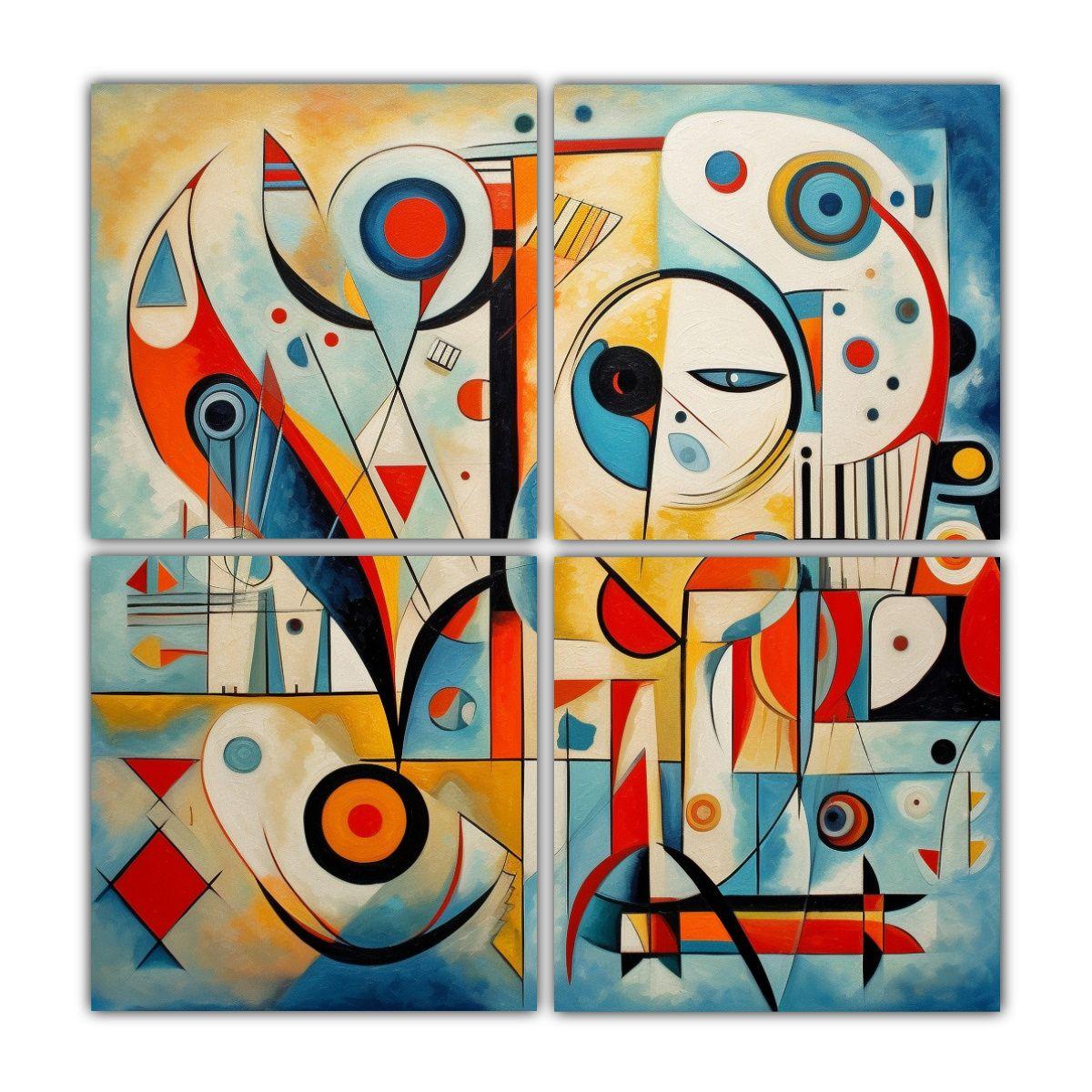 Cuatro Lienzos Arte Abstracto Vintage Estilo 80x80 Cm-0