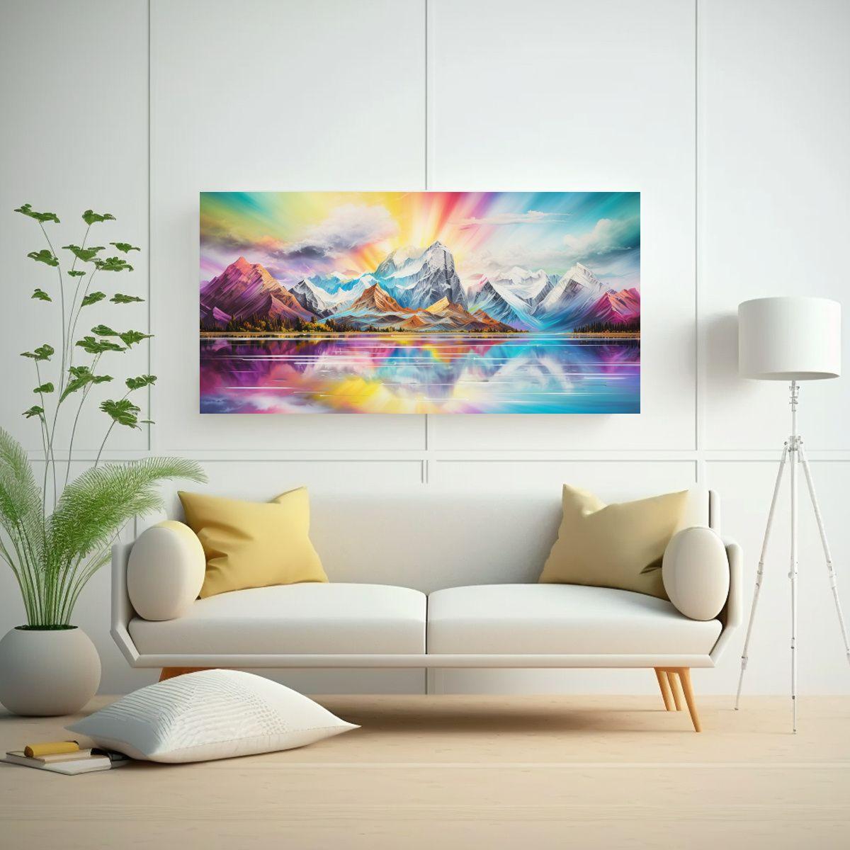 Pintura Decorativa Paisaje Montañas Con Arcoíris 160x80cm-2
