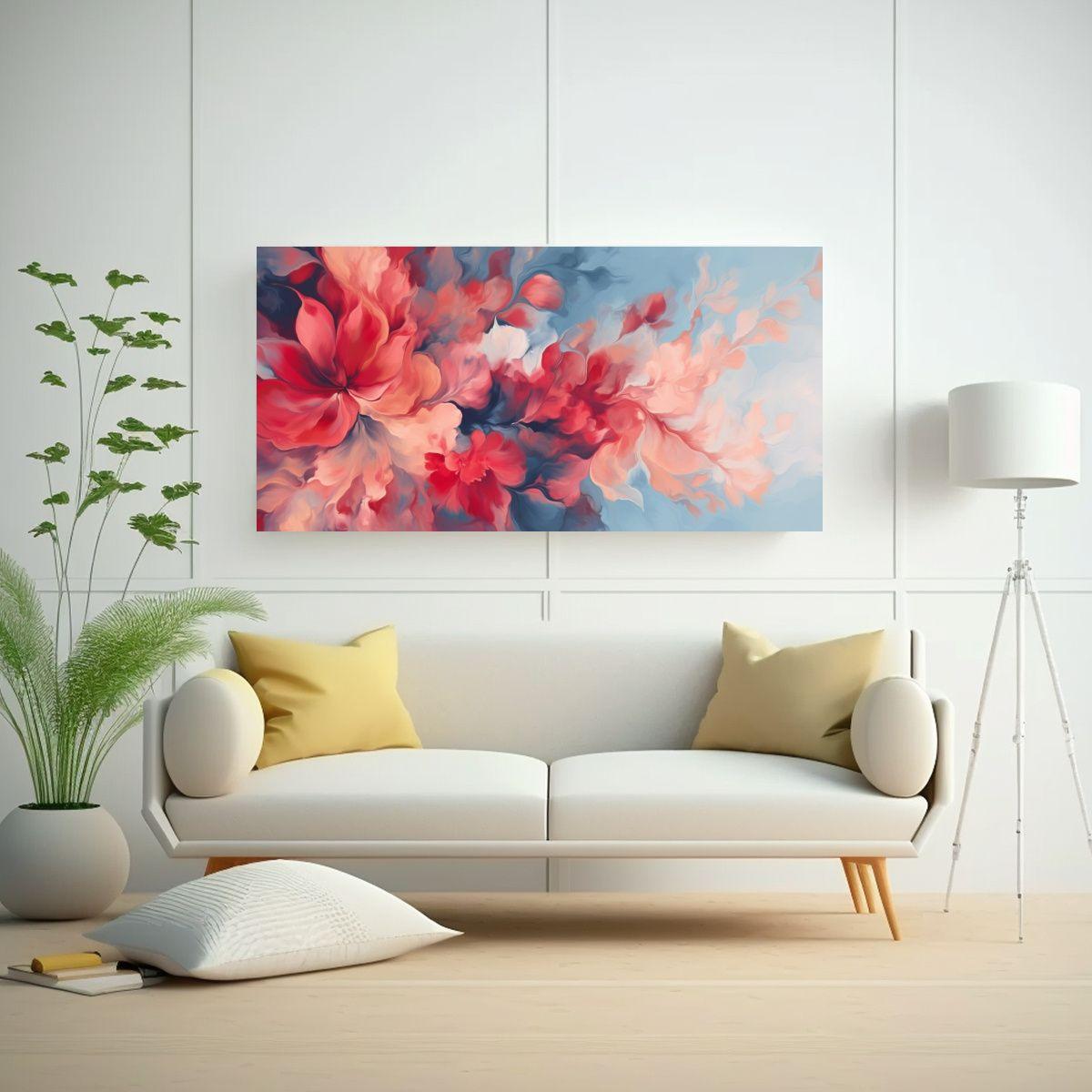 Cuadro Floral Abstracto Rojo Y Azul: Inspiración 80x40cm-2