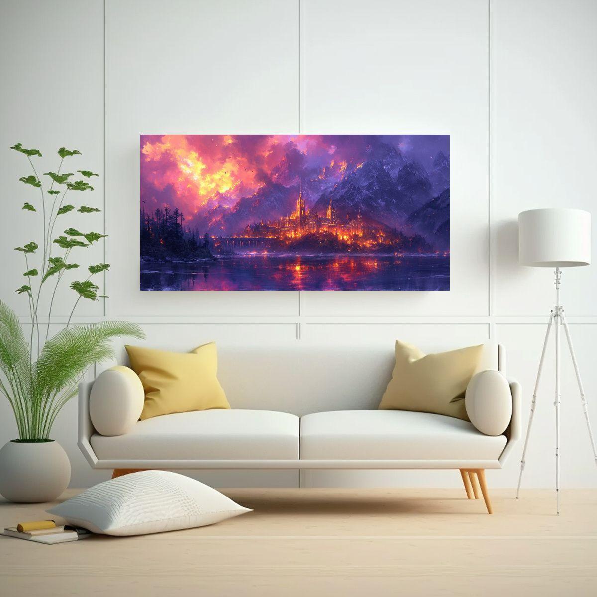 Paisaje Fantástico De Ciudad En La Montaña: 140x70cm-2