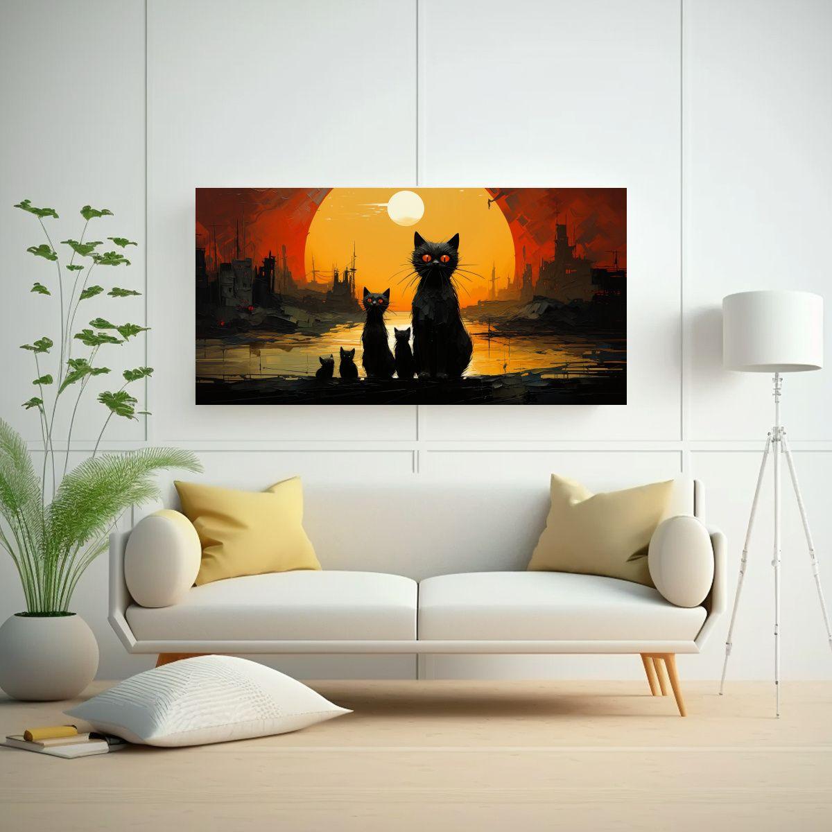 Pintura Lienzo Gatos Negros Sobre Pila Mirando 60x30 Cm-2