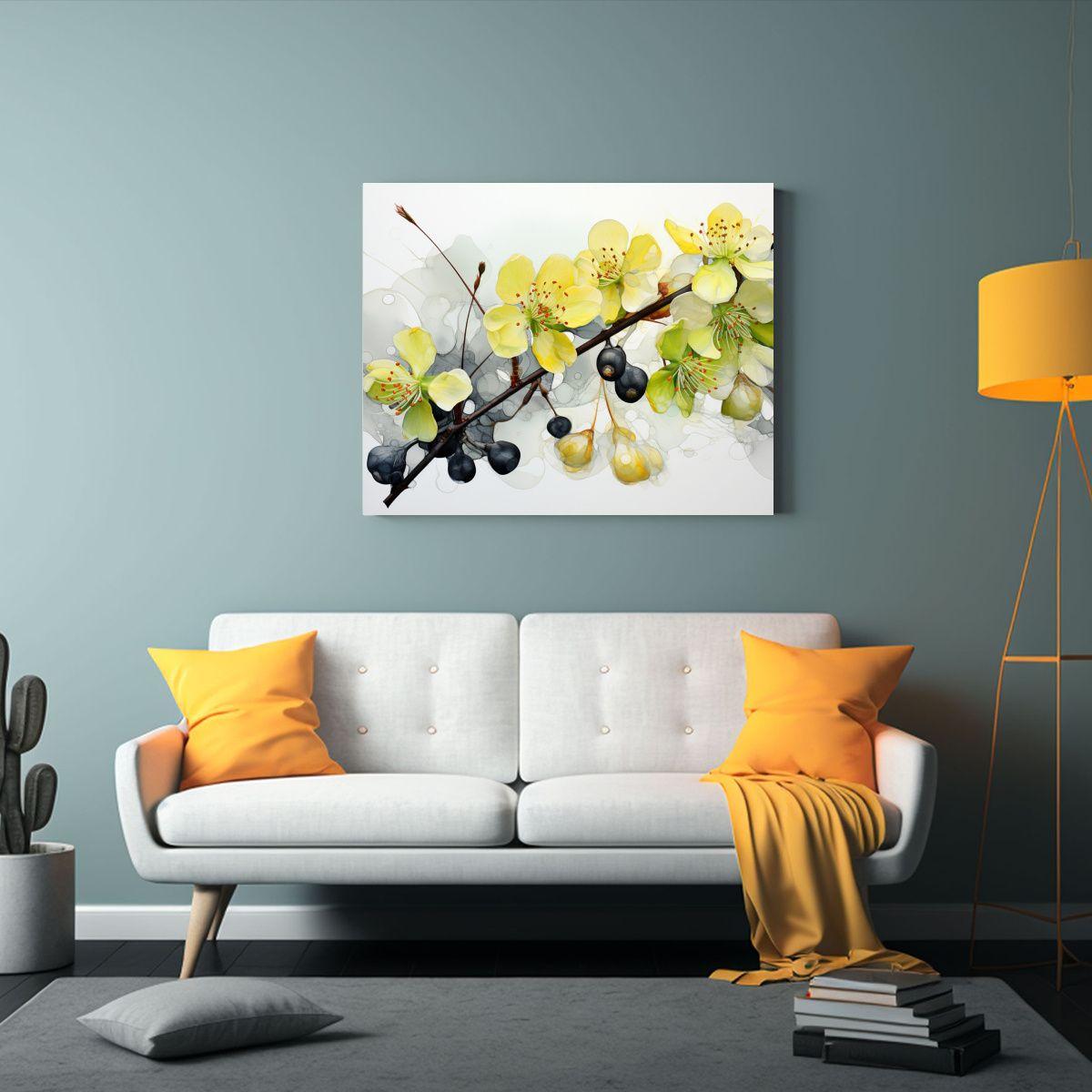 Pintura Abstracta Acuarela Negra Con Flores De Tilo Arte Cl 75x50cm-2