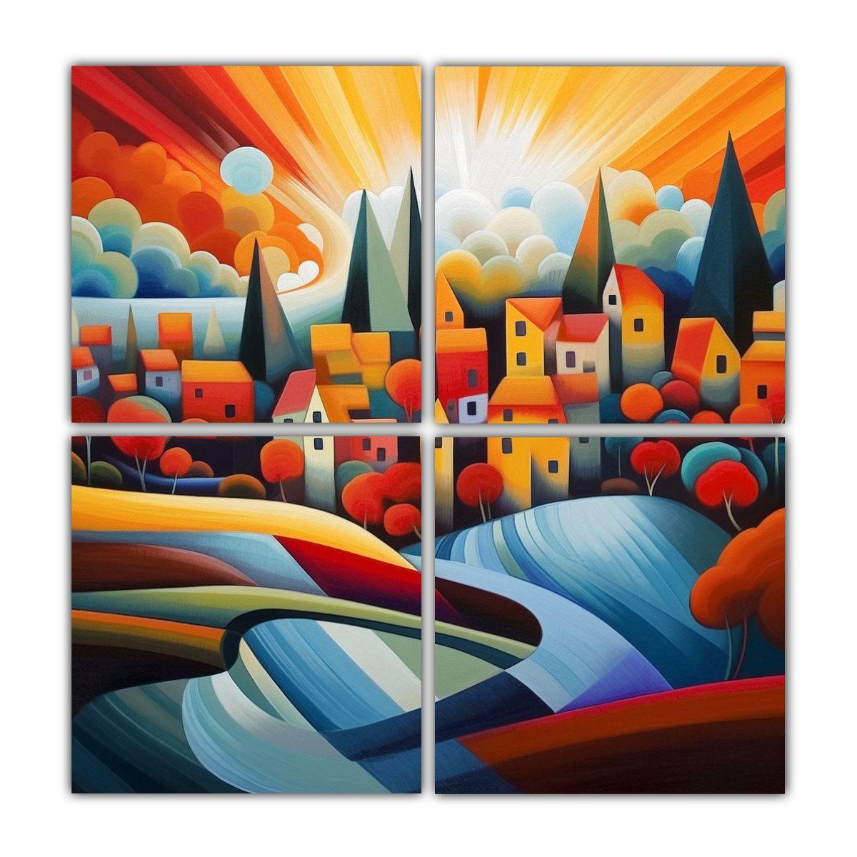 Cuatro Cuadros Cálidos Resistente Arte Abstracto 200x200 Cm-0