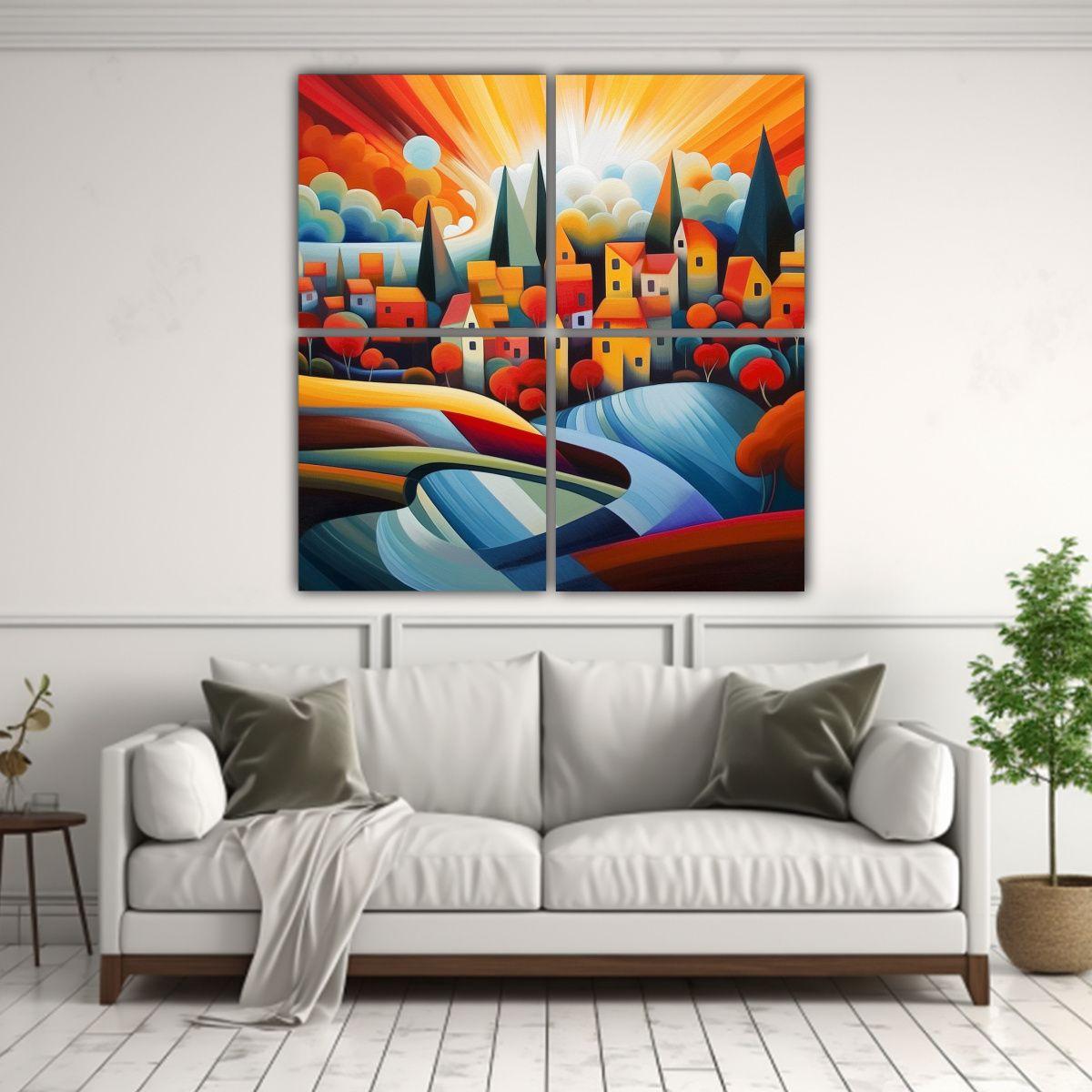 Cuatro Cuadros Cálidos Resistente Arte Abstracto 200x200 Cm-2