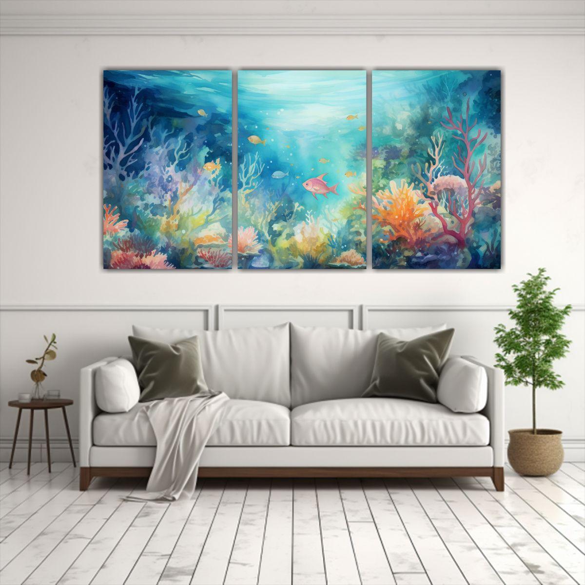 Tríptico Moderno Obra Maestra Escena Submarina 180x90 Cm-2