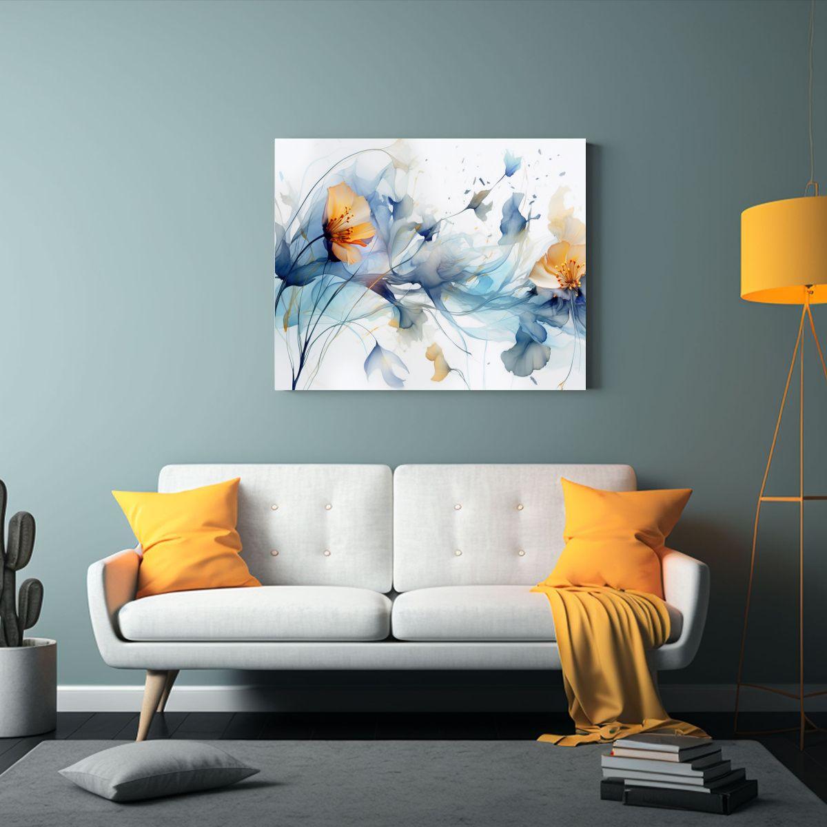 Cuadro Moderno Con Flores Y Hojas En Fondo Blanco Y Azul 65x50cm-2
