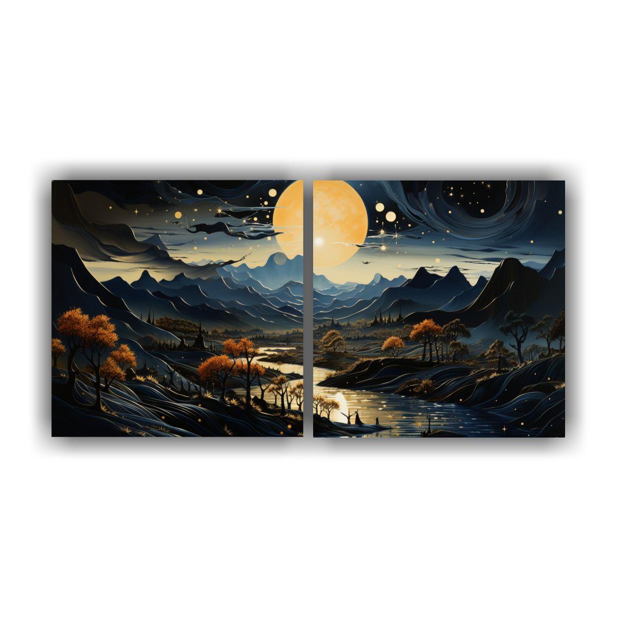 Paisaje Con Luna Y Montañas En Pintura Decorativa 80x40 Cm-0