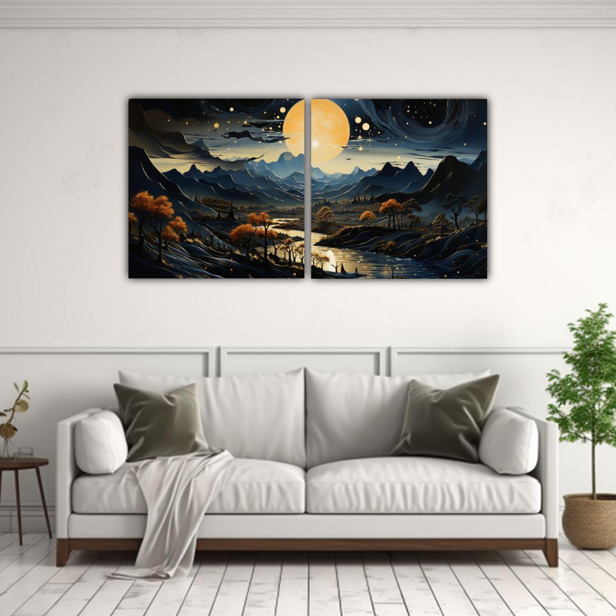 Paisaje Con Luna Y Montañas En Pintura Decorativa 80x40 Cm-2