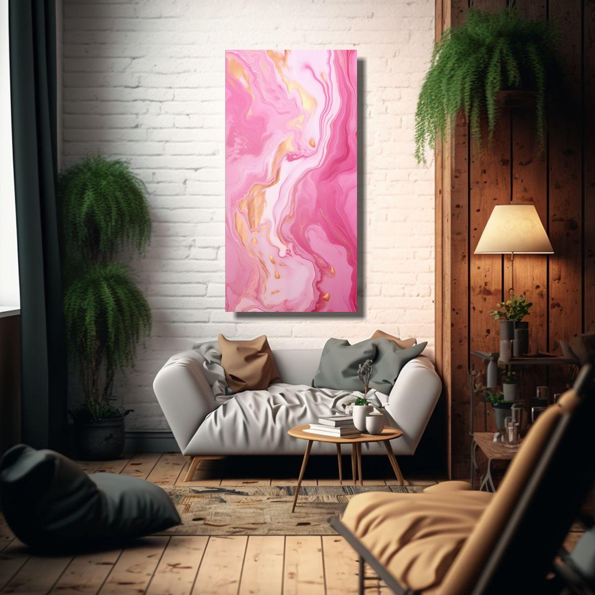 Cuadro De Pared Abstracto Mármol Rosa Y Dorado 20x40cm-2