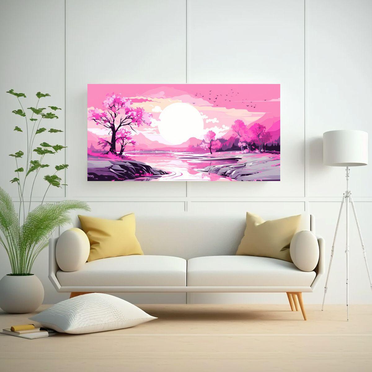 Cuadro Veraniego Con Finas Líneas Rosadas: Arte 80x40cm-2