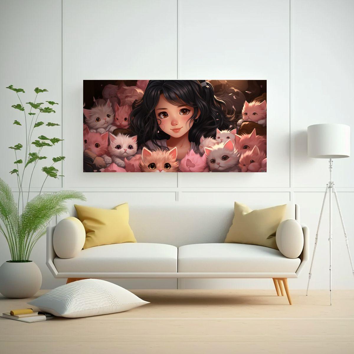 Pintura En Lienzo De Lindos Gatitos Estilo Anime 40x20cm-2
