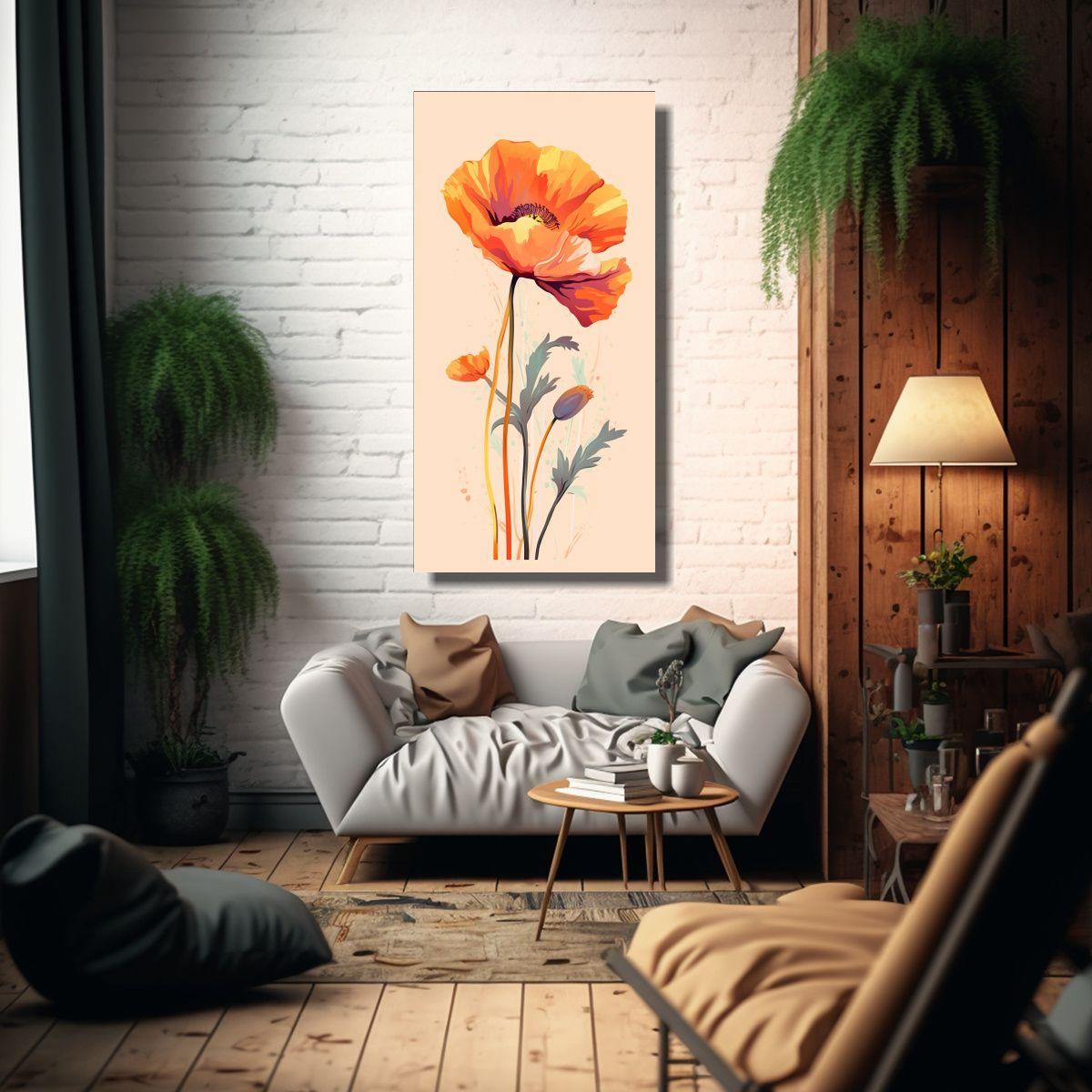 Cuadro Lienzo Gráfico Elegante De Amapola Naranja 30x60cm-2
