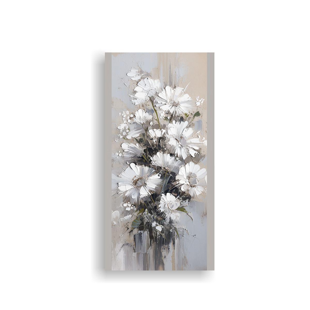 Pintura Lienzo Protagonismo Blanco Y Plata Flores 20x40cm-0