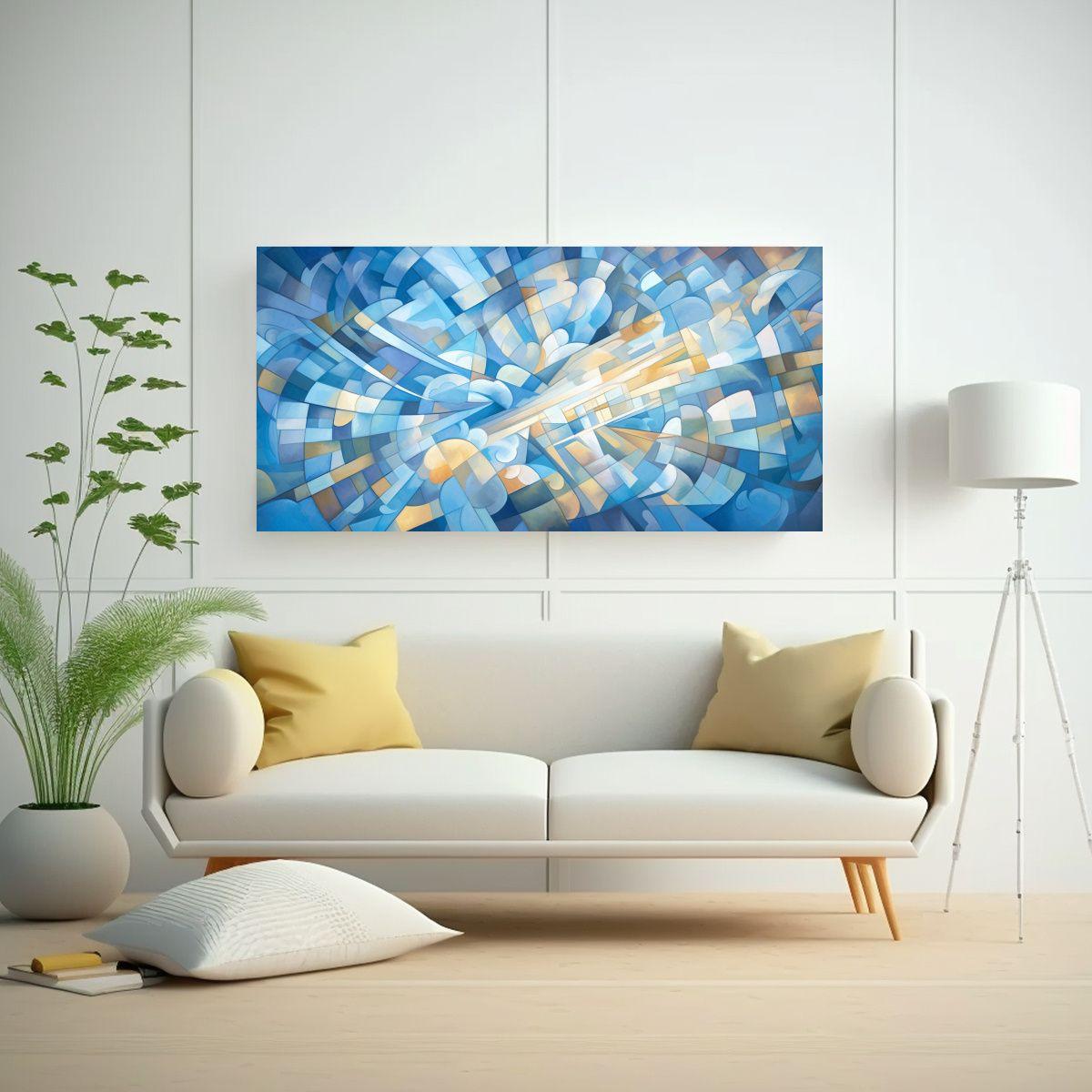 Pintura Abstracción Cubista Cielo Azul Original 140x70cm-2