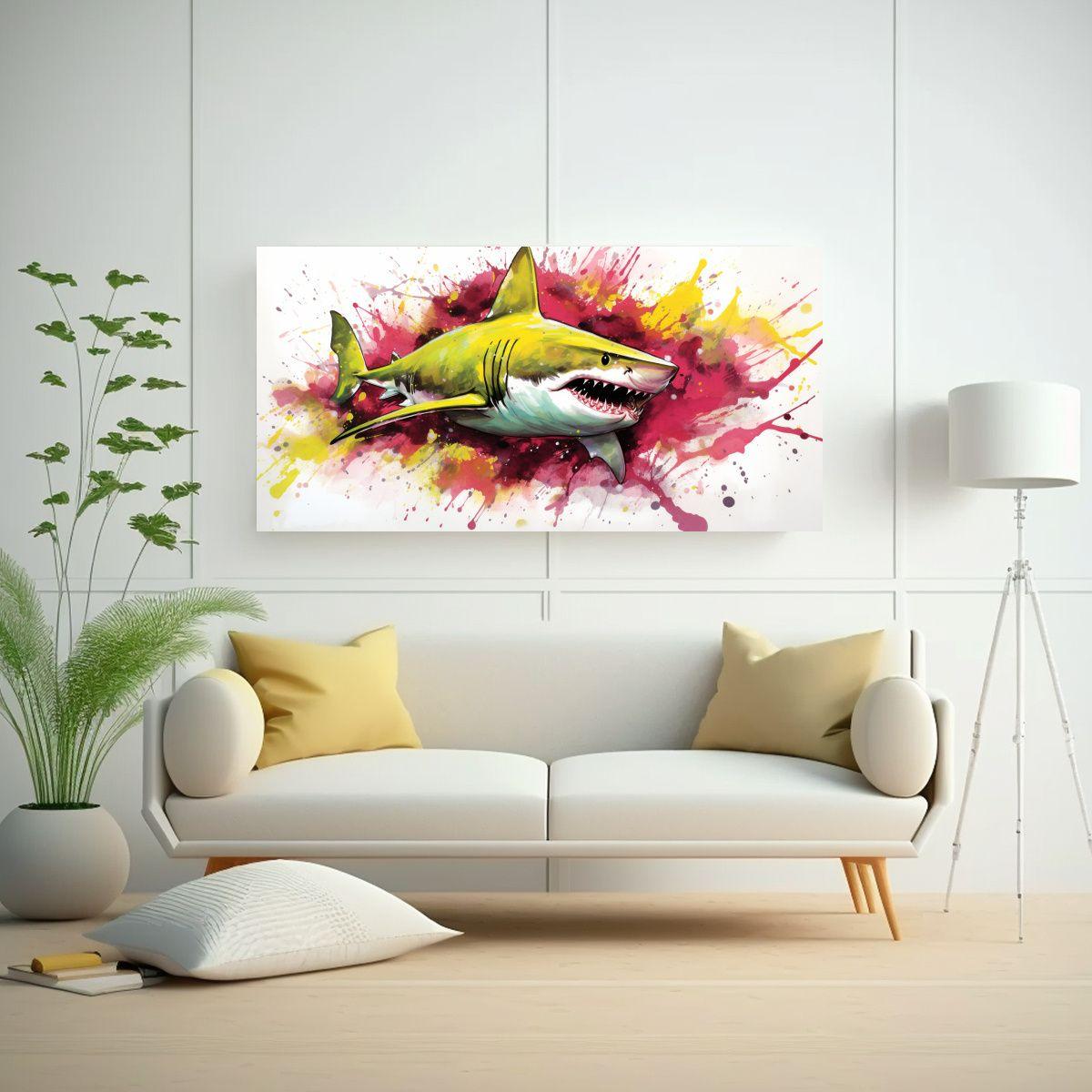 Pintura Decorativa Neo Pop De Un Tiburón Toro En  40x20cm-2