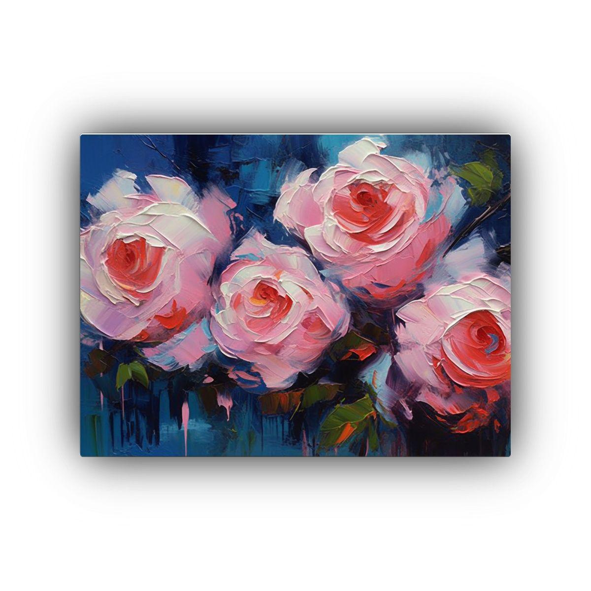 Pintura De Pared Flores Rosas En Azul Arte Impactante 60x40cm-0