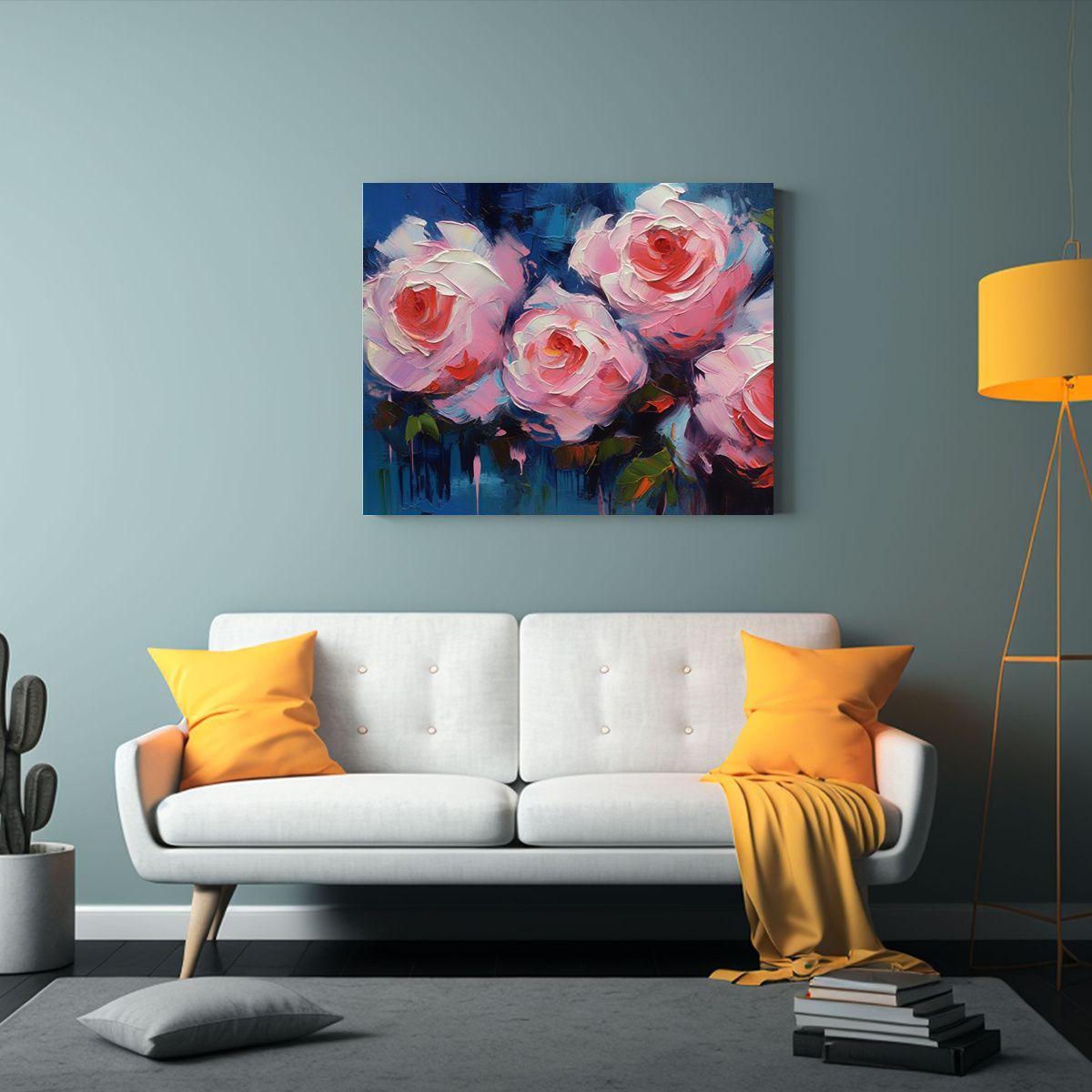 Pintura De Pared Flores Rosas En Azul Arte Impactante 60x40cm-2