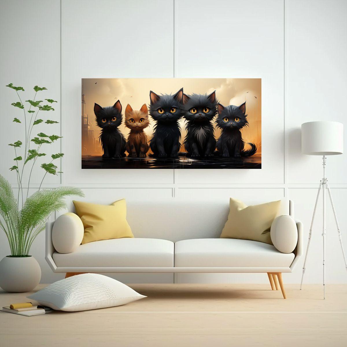 Pinturas De Gatitos Negros Adorables En Estilo 100x50cm-2