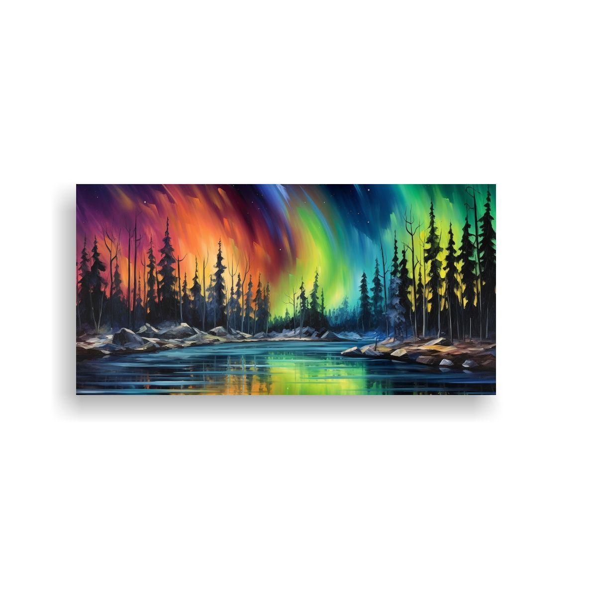 Paisaje Con Auroras Boreales En Cuadro Moderno 140x70cm-0