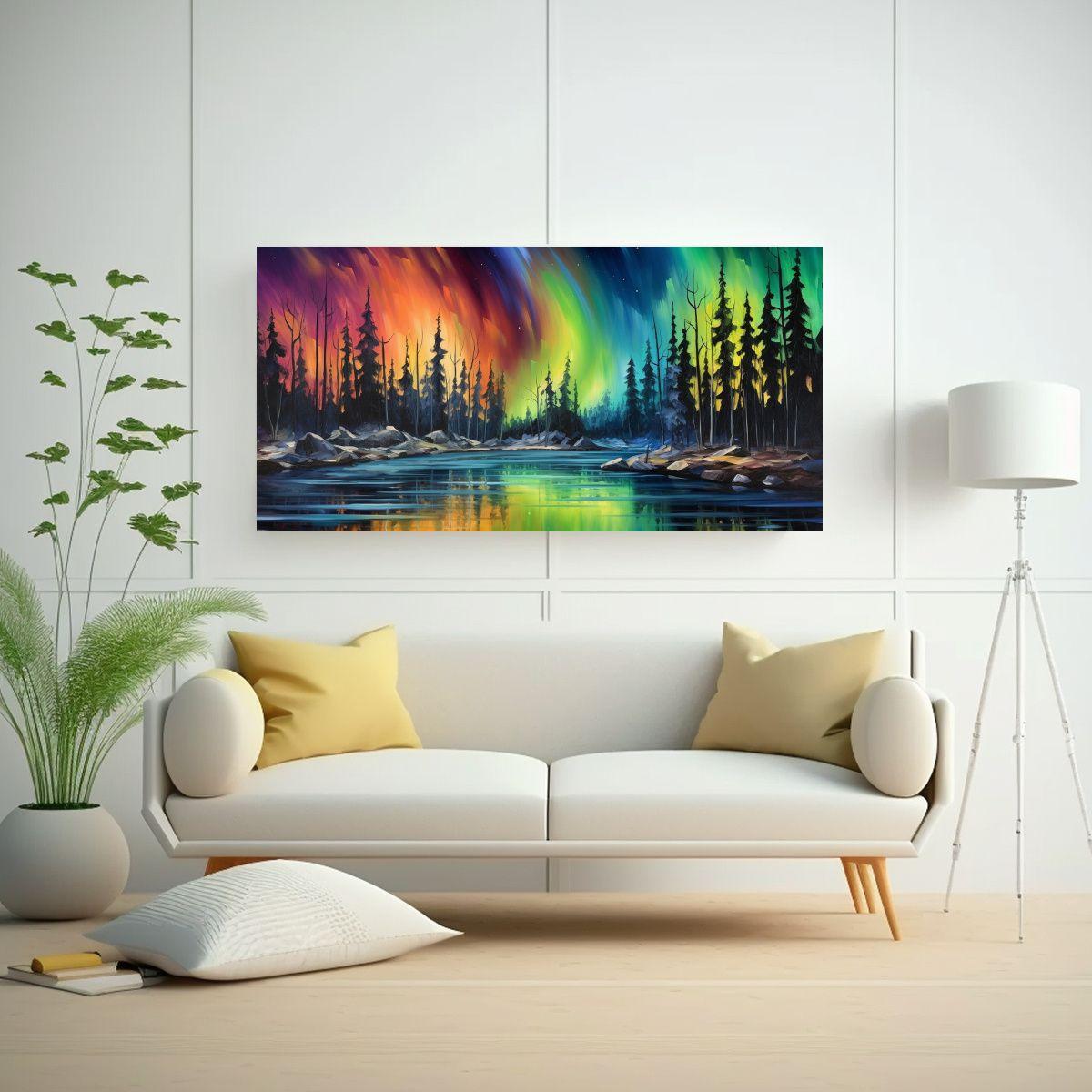 Paisaje Con Auroras Boreales En Cuadro Moderno 140x70cm-2