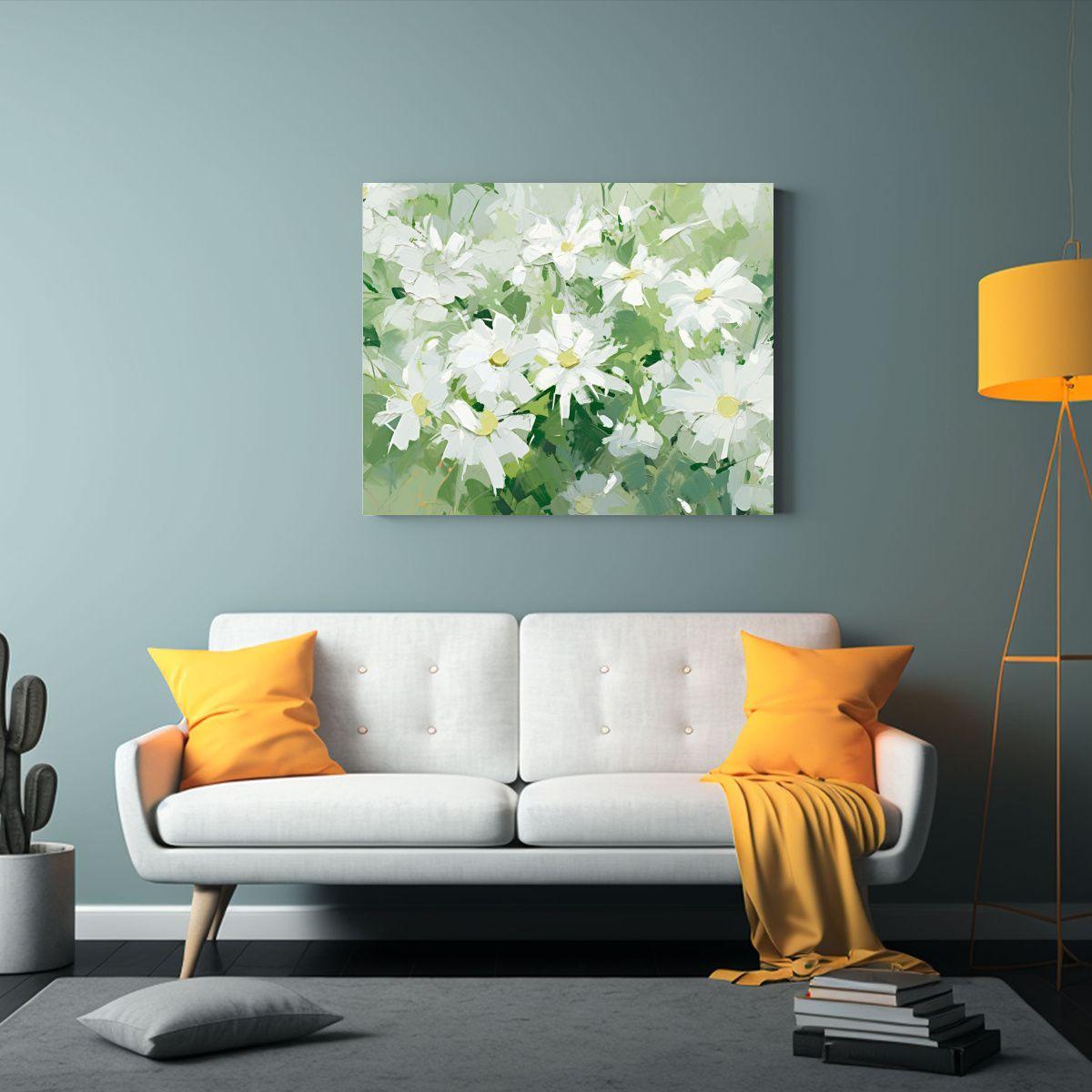 Cuadro Tonos Espacio A Verde Y Blanco Flores En Lienzo Decor 60x40cm-2