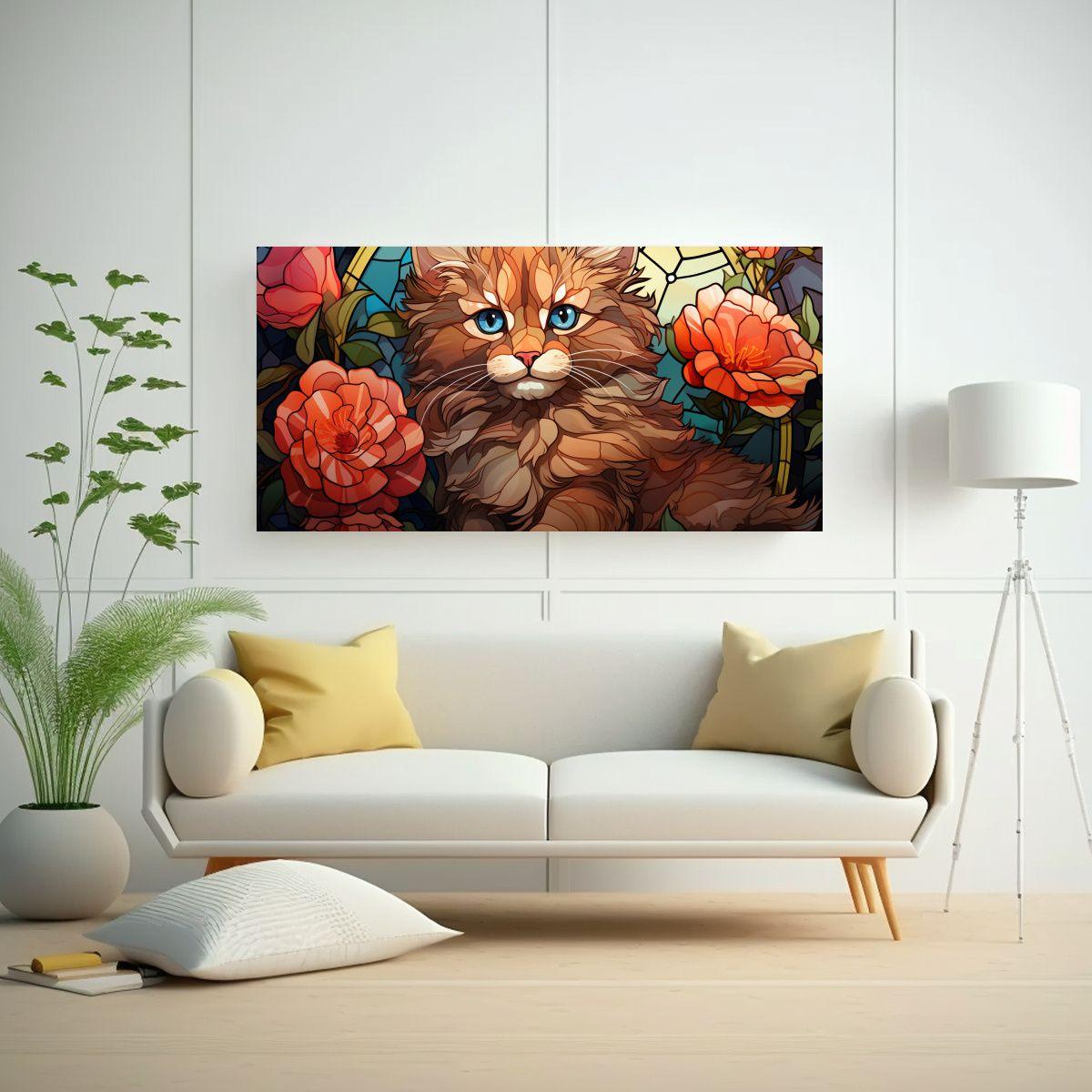 Cuadro De Tela Gato Y Flores En Estilo Cartoon, 100x50cm-2