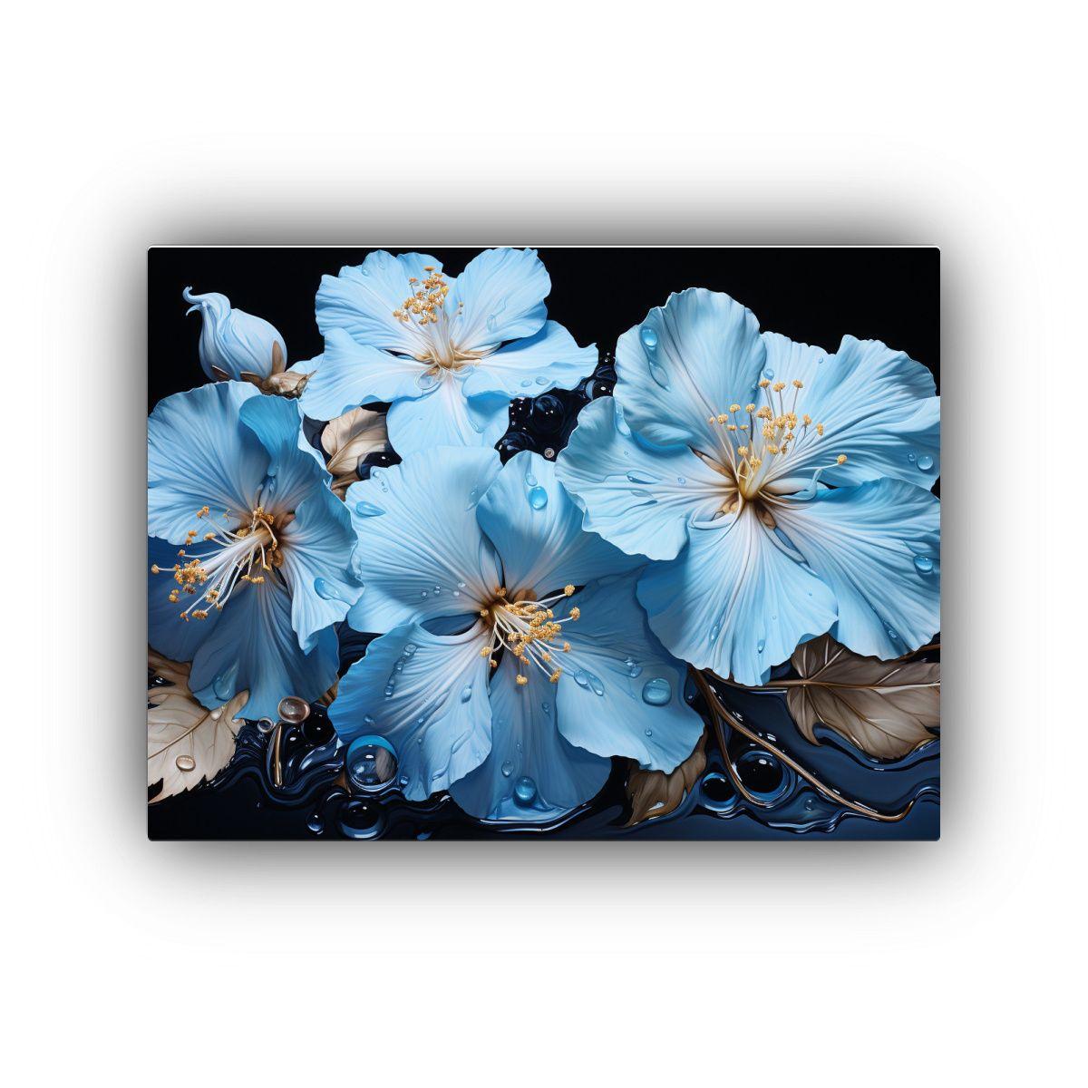 Pintura Abstracta De Hibiscos En Negro Y Azul: Modernidad En 45x30cm-0
