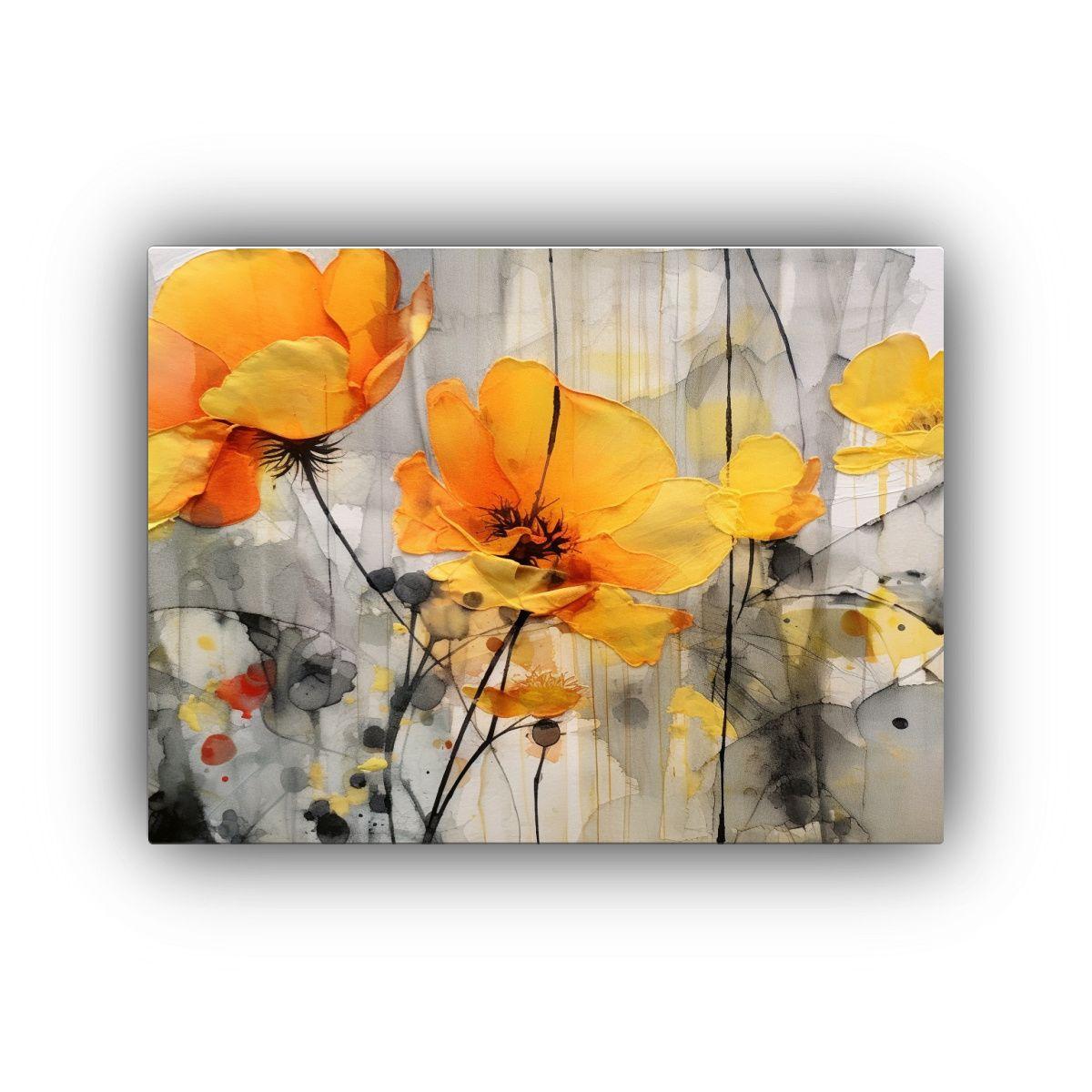 Pintura Conceptual Minimalista Con Flores Amarillas Y Naranj 40x30cm-0