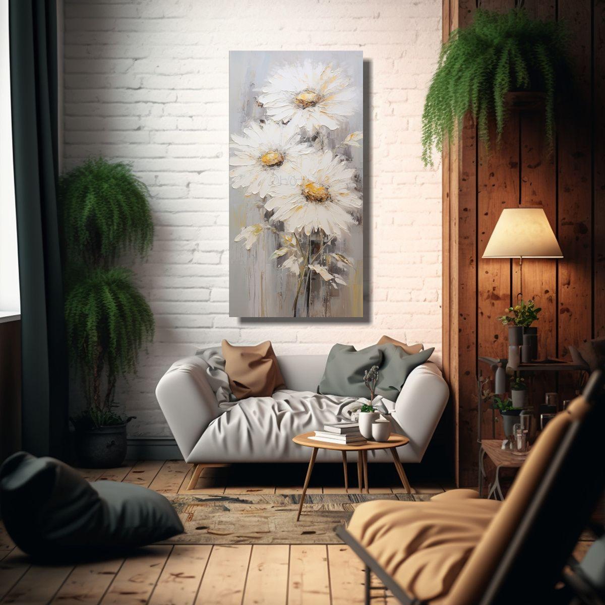 Cuadro De Lienzo Vintage Con Girasoles Blancos 50x100cm-2