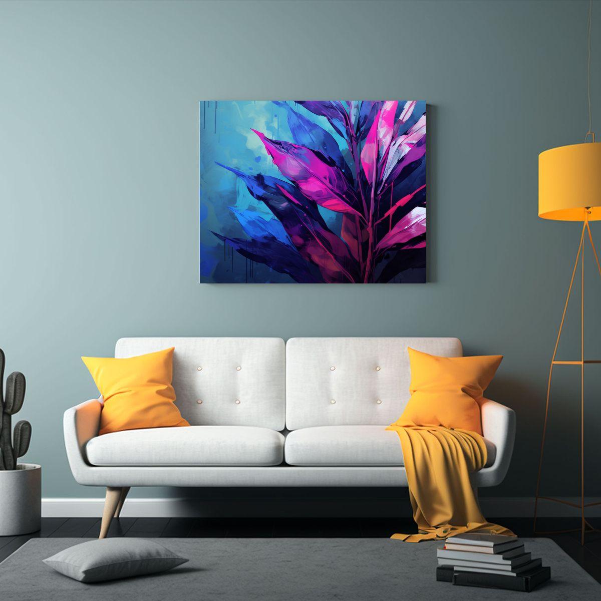 Cuadro Impreso Hojas De Heliconia En Morado Y Azul Ambiente  75x50cm-2
