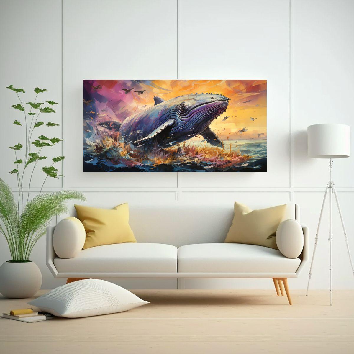 Pintura Acuarela De Ballena Jorobada Con Líneas 100x50cm-2