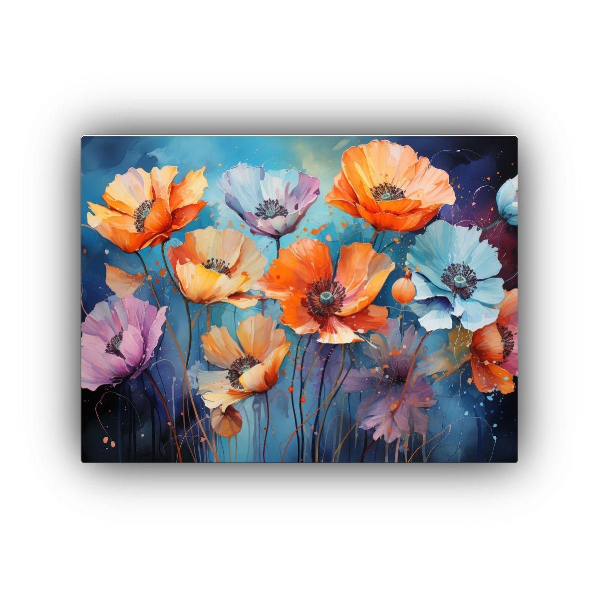 Pintura Abstracta De Amapolas En Tonos Naranja Y Azul Para D 60x40cm-0