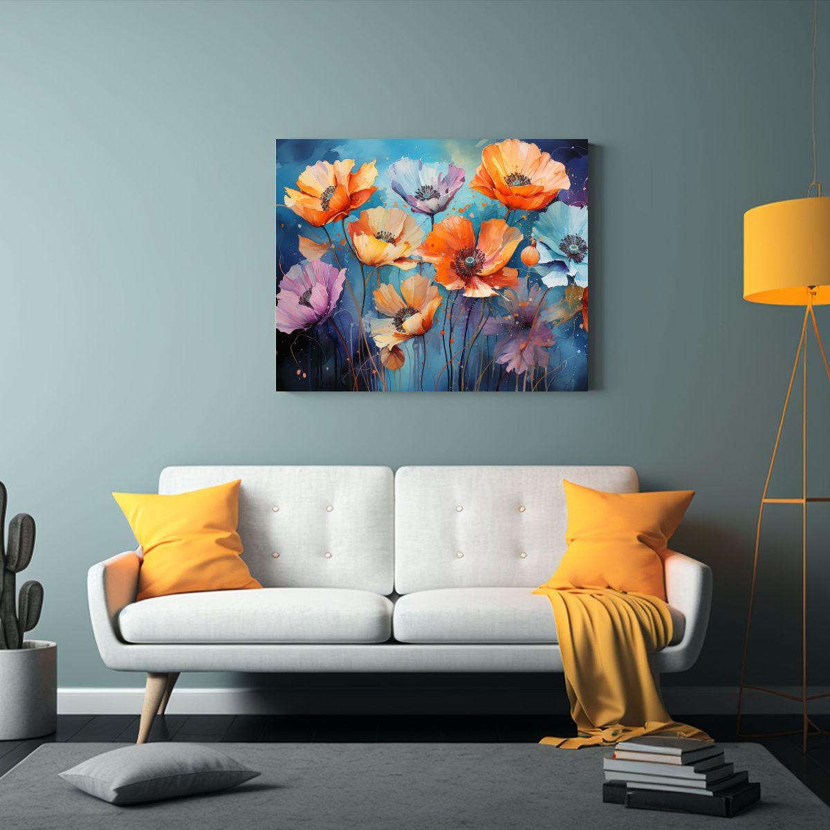 Pintura Abstracta De Amapolas En Tonos Naranja Y Azul Para D 60x40cm-2