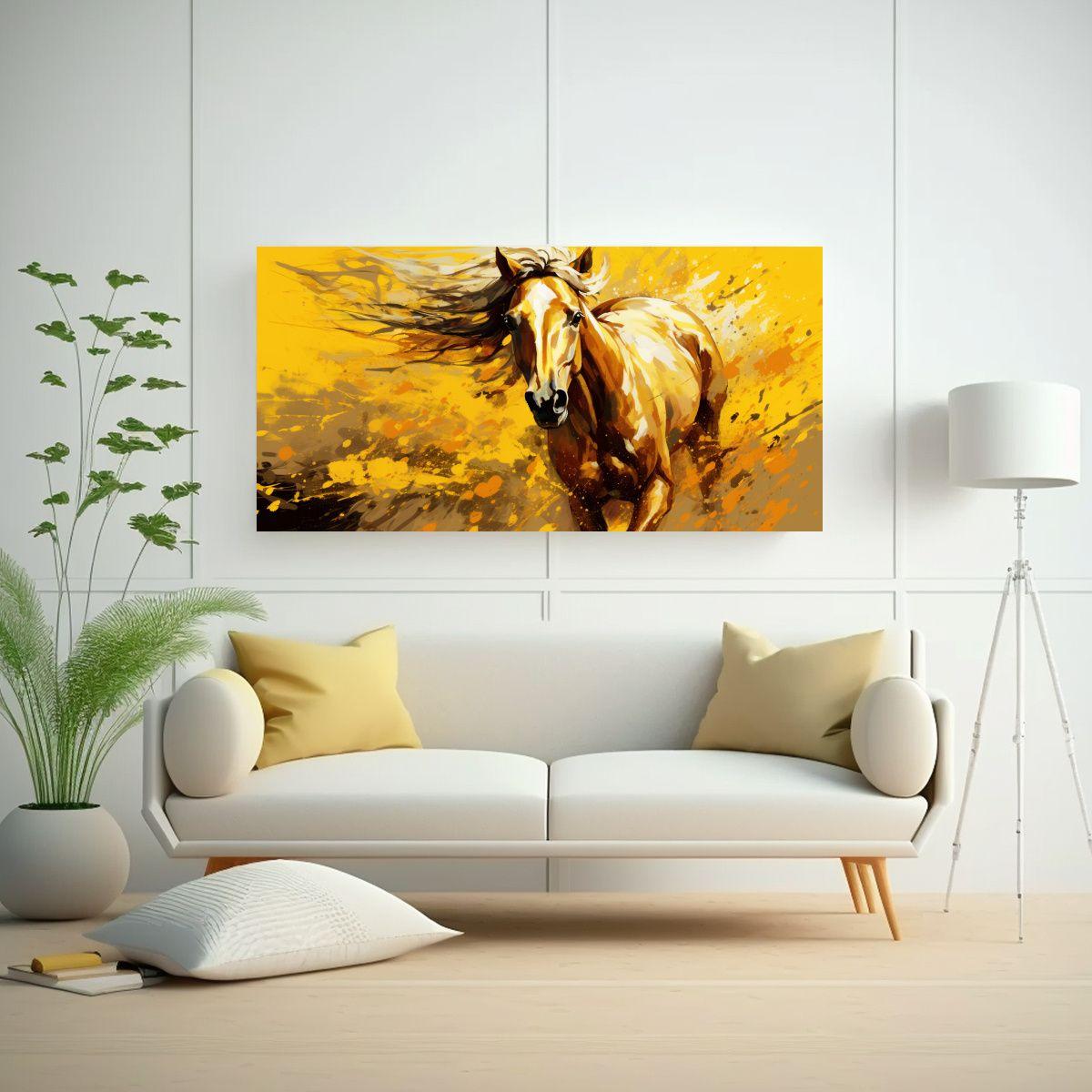 Cuadro Hermoso: Caballo Andaluz Amarillo Y Oro En  40x20cm-2
