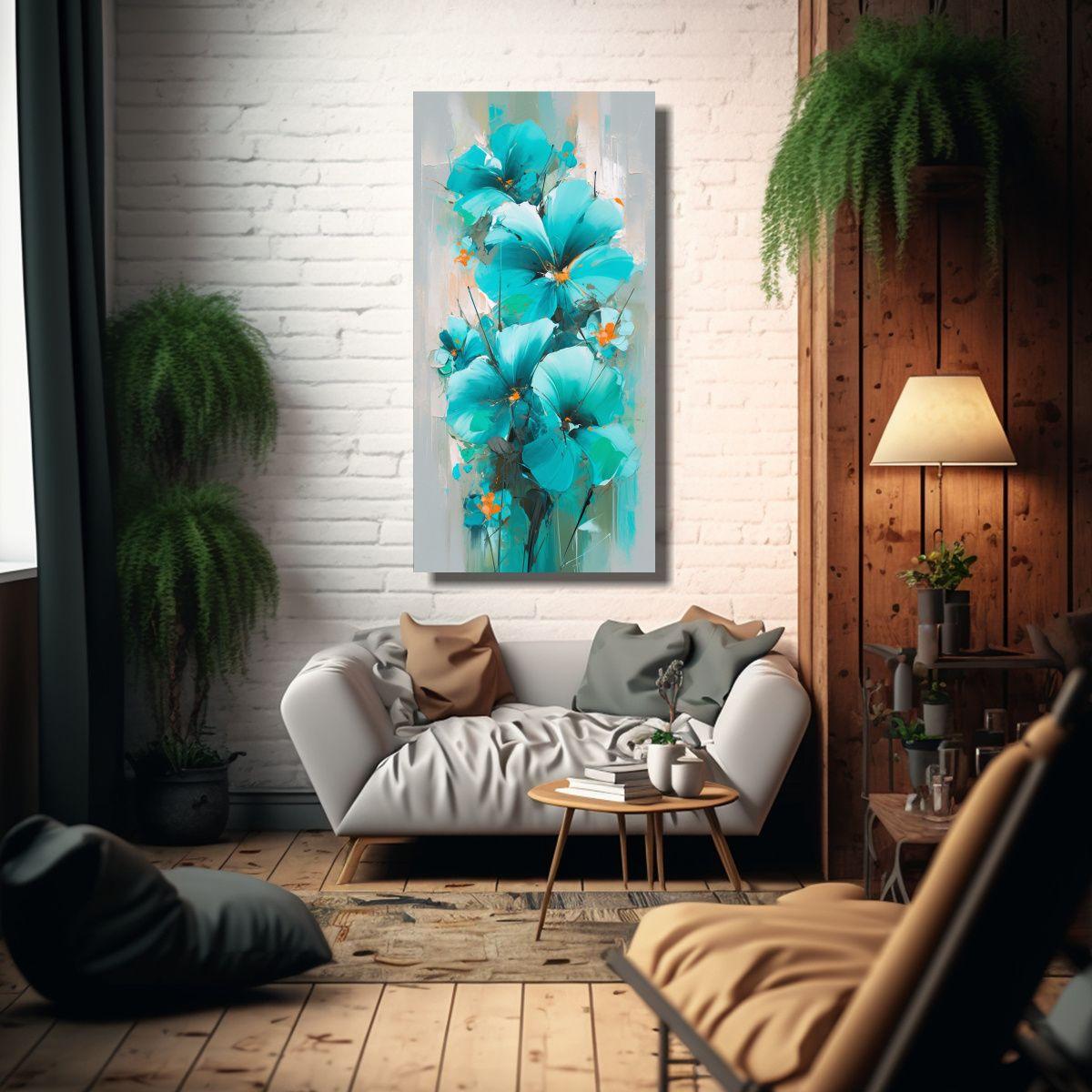 Pintura En Lienzo De Flores En Colores Turquesa 70x140cm-2