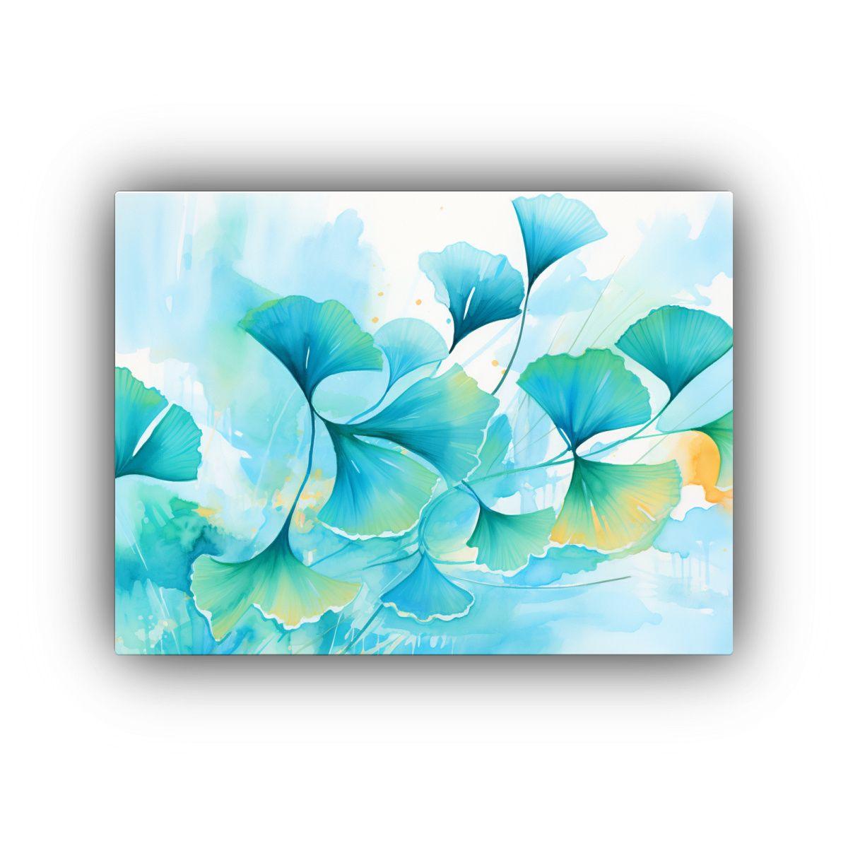 Pintura Mural De Hojas De Ginkgo En Colores Azul Y Turquesa  50x40cm-0