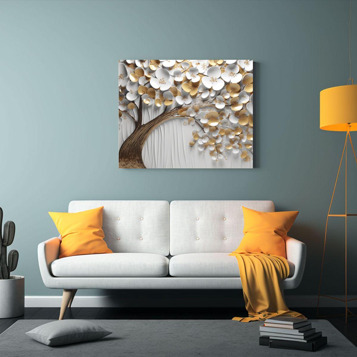 Pintura Abstracta De árbol Con Pétalos Blancos, Dorados Y  75x50cm-2