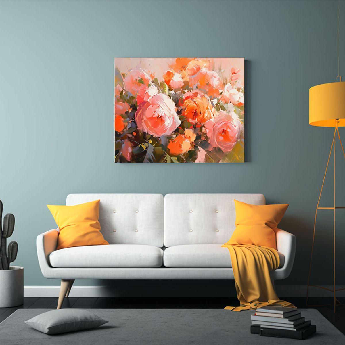 Pintura En Lienzo De Flores En Tonos Naranja Y Rosa Para Dec 30x20cm-2